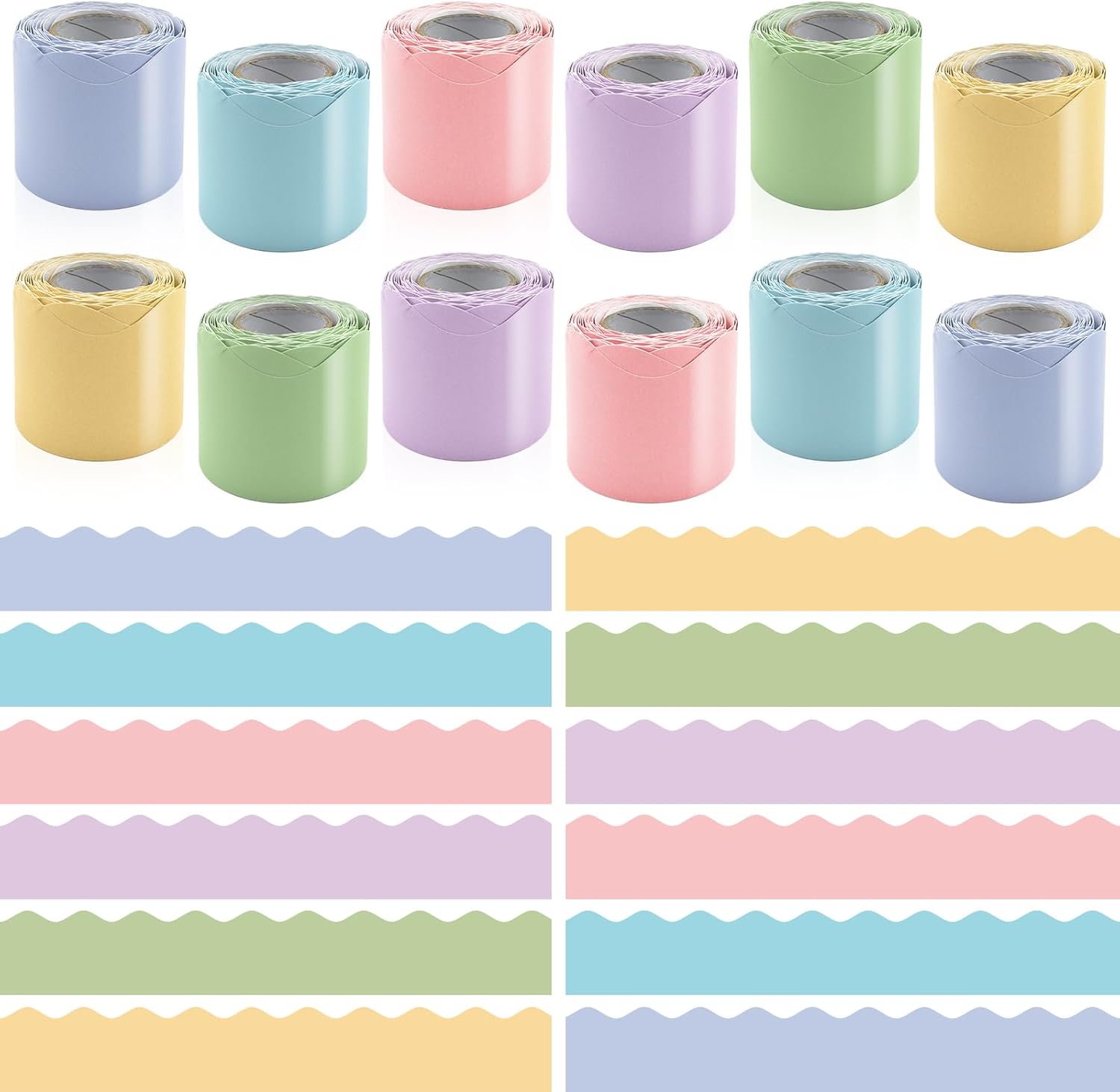 12 Rolls 393.6 Feet Pastel Bulletin Board Borders Sets - Scalloped Borders for Bulletin Board - Light Teachers Border Trim - Suitable for Home,Classroom Decor, Posters,Office, School Activities