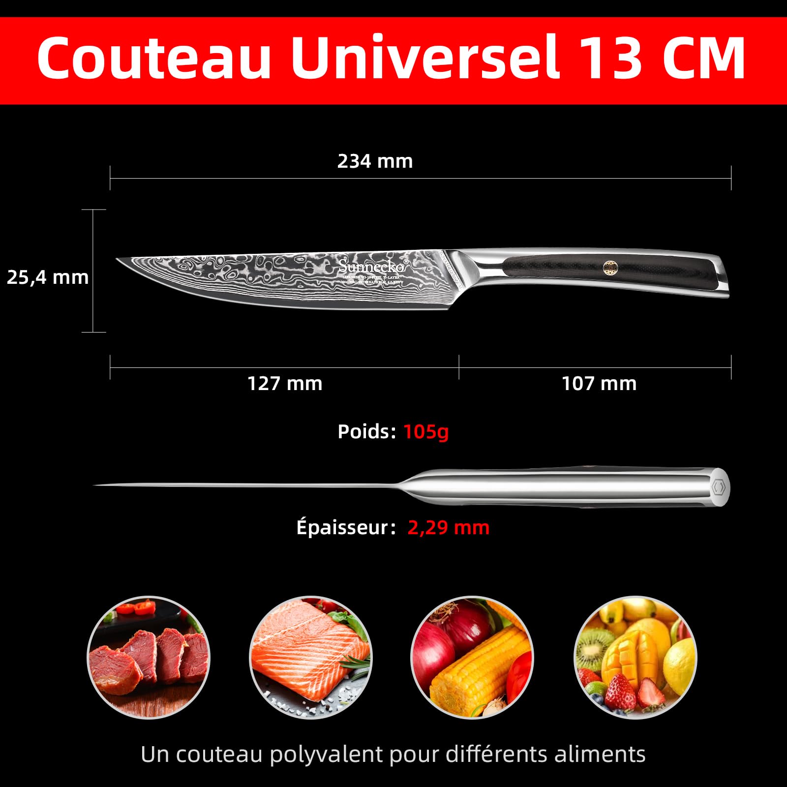 Sunnecko Couteau Viande 13 cm en Acier Damas 73 Couches, Couteau Cuisine Japonais Style Professionnel Universel avec Poignée G10, pour Steak Dîner Crêpe