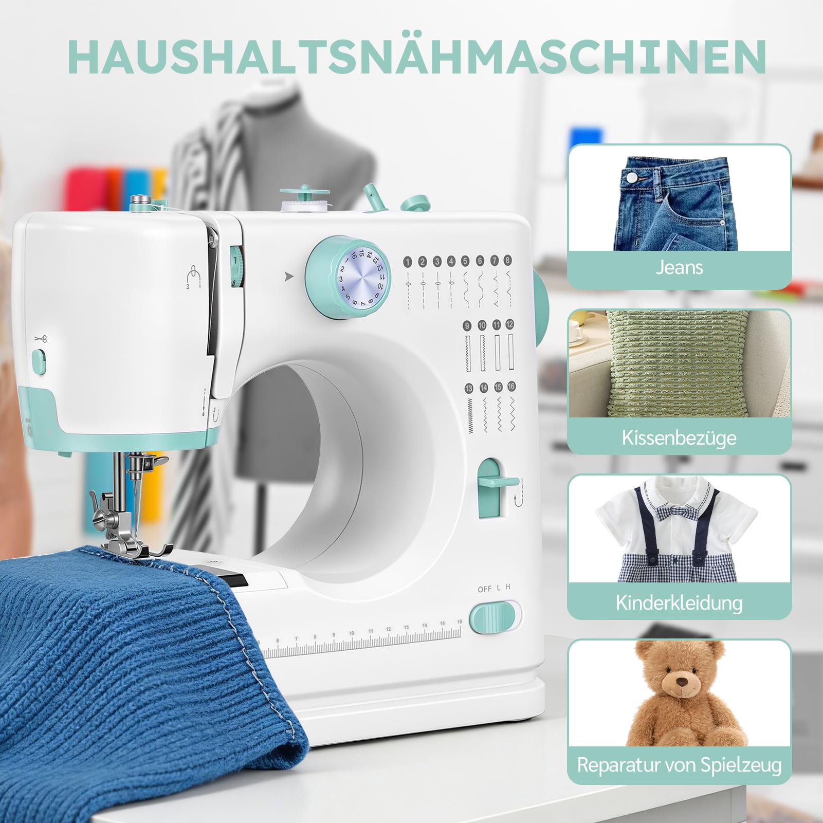 Máquina de coser para principiantes con 16 programas de puntada, máquina de coser de doble aguja de doble hilo, máquina de coser eléctrica con pedal de pie, 2 velocidades, luz LED, mesa de extensión y