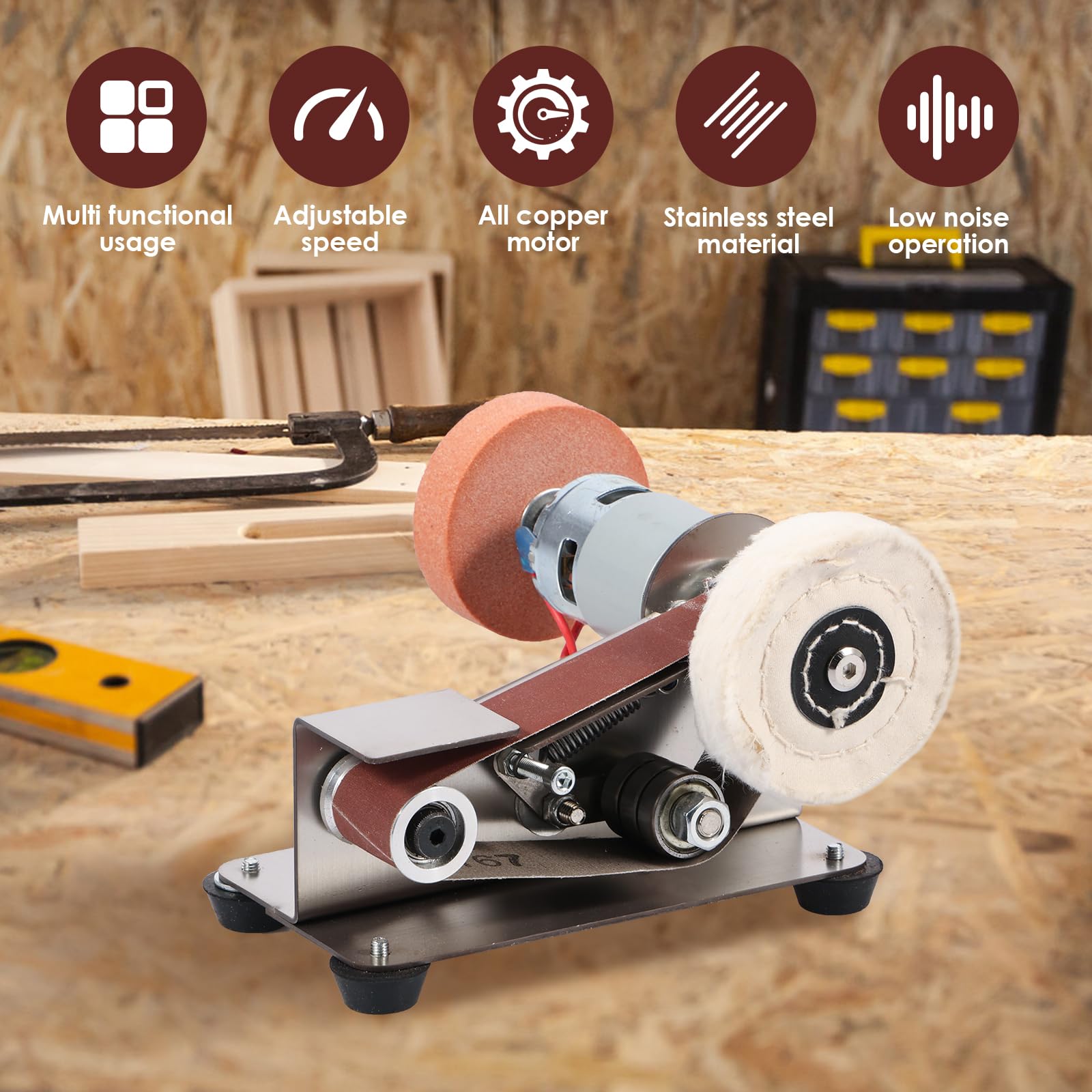 Mini Belt Sander, US 15 Degree Stainless Steel Electric Belt Grinder, 7 Adjustable Speed Electric Polishing Sanding Machine, Electric Belt Sander Sharpener Polishing Kit for Metal Jewelry