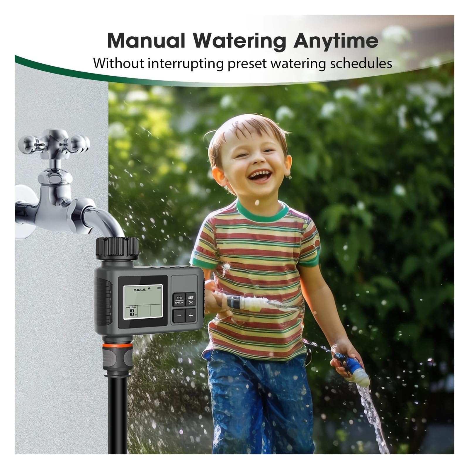 Water Timer LCD IPX7 Sistema di irrigazione da giardino intelligente | Temporizzatore di irrigazione automatico con display LCD for sistemi da giardino.(BSPT with button)