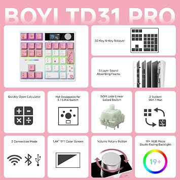 BOYI TD31Pro Gaming Keypad,BT5.0/2.4G/Type-C Wireless Numeric Keypad,RGB HotSwap Numpad Mechanical Number Pad,Gasket Number keypad Shortcut Keyboard(Romatic Cherry Blossom Keycaps)