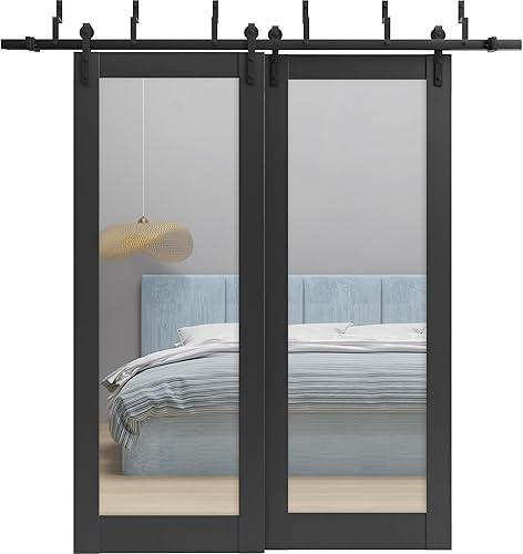 Lucia 1299 - Puertas corredizas de 84 x 84 pulgadas, color negro mate con espejo, juego de herrajes resistentes para rieles de 8 pies, puertas de