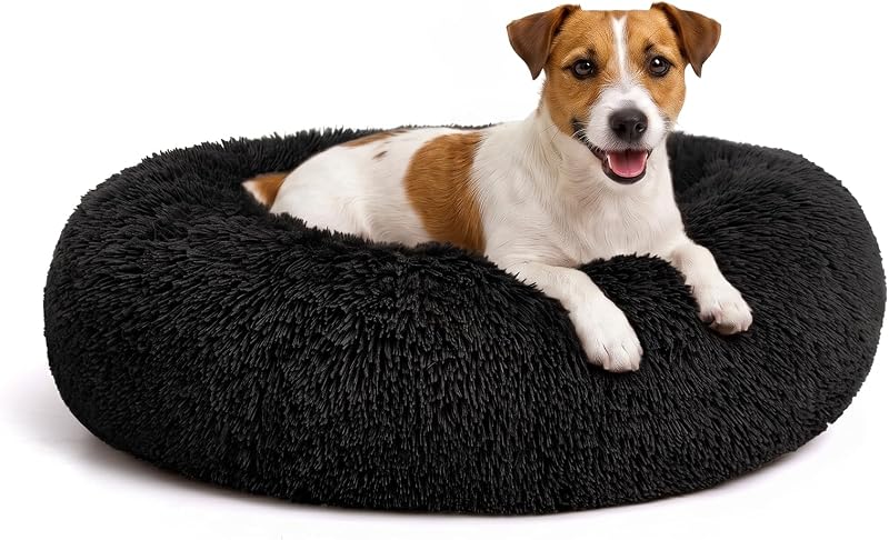 Cama Redonda para Cães e Gatos MIXJOY com Pelúcia Macia e Borda Elevada 68,58 x 68,58 x 20,32 cm, Preta
