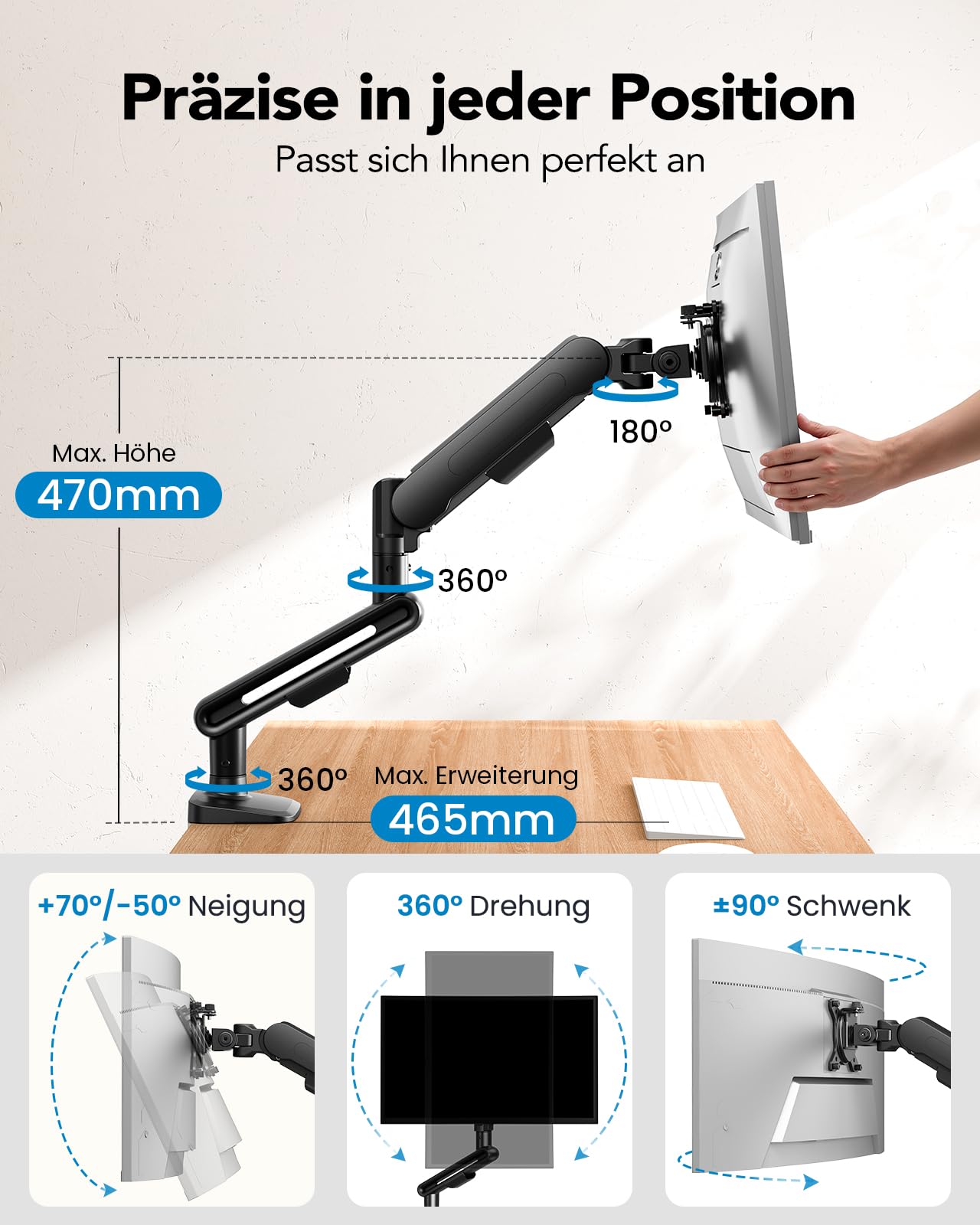 HUANUO Monitor Halterung für 13-40 Zoll Bildschirme, Monitor Arm mit NITROGLIDE™-Federung, bis 12 kg, Monitorhalterung höhenverstellbar, schwenkbar, neigbar, für Gaming & Office, VESA 75×75/100×100 mm