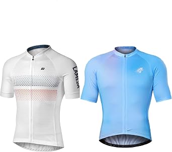 LAMEDA Mens Cycling Jersey Short Sleeve White + Blue, Breathable Quick Dry Lightweight Elastic Road Bike Shirt Full Zip X-Large