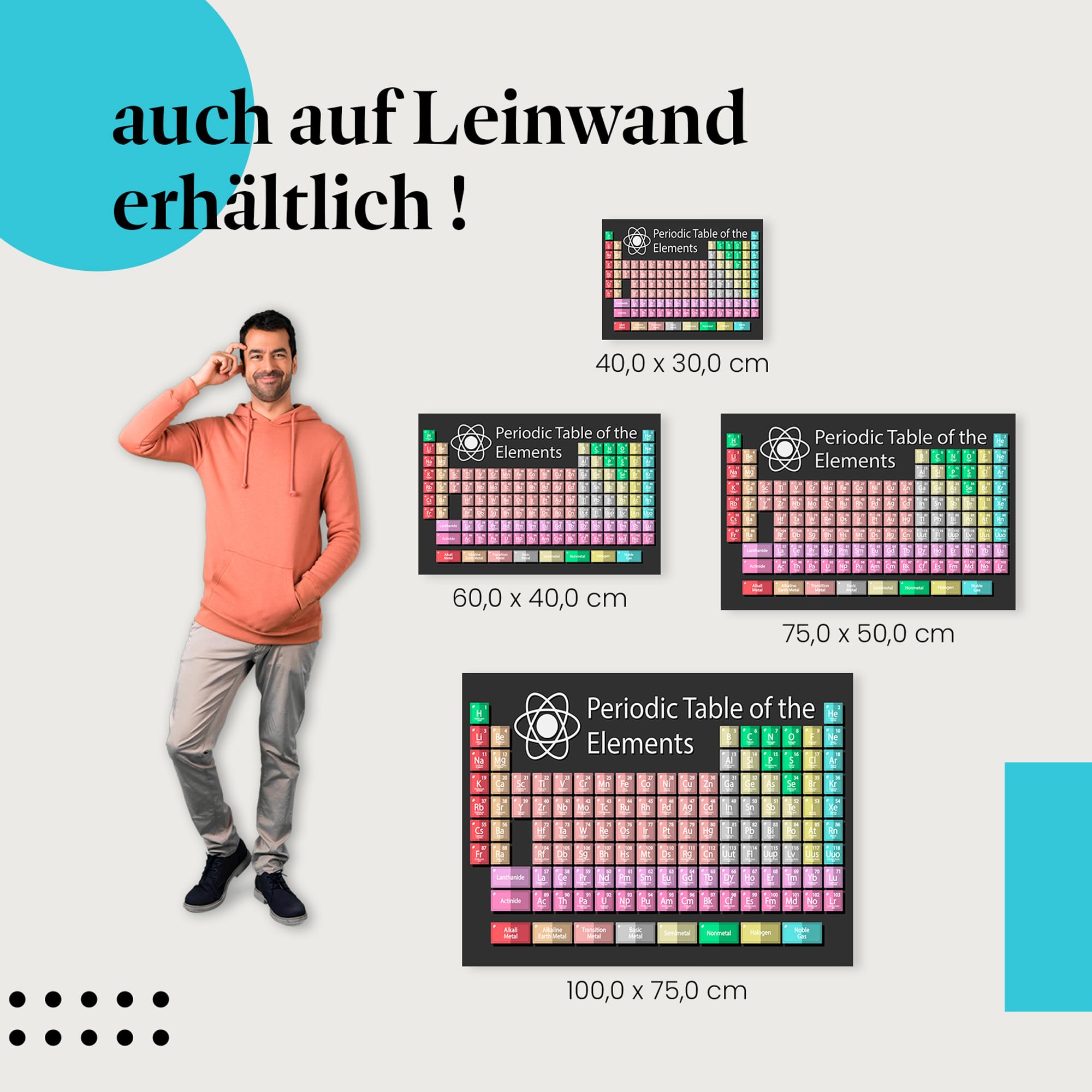 Postereck - 1038 - Periodensystem, Chemie Schule Studium Elemente - Unterricht Klassenzimmer Schule Wandposter Fotoposter Bilder Wandbild Wandbilder - Leinwand - 100,0 cm x 75,0 cm