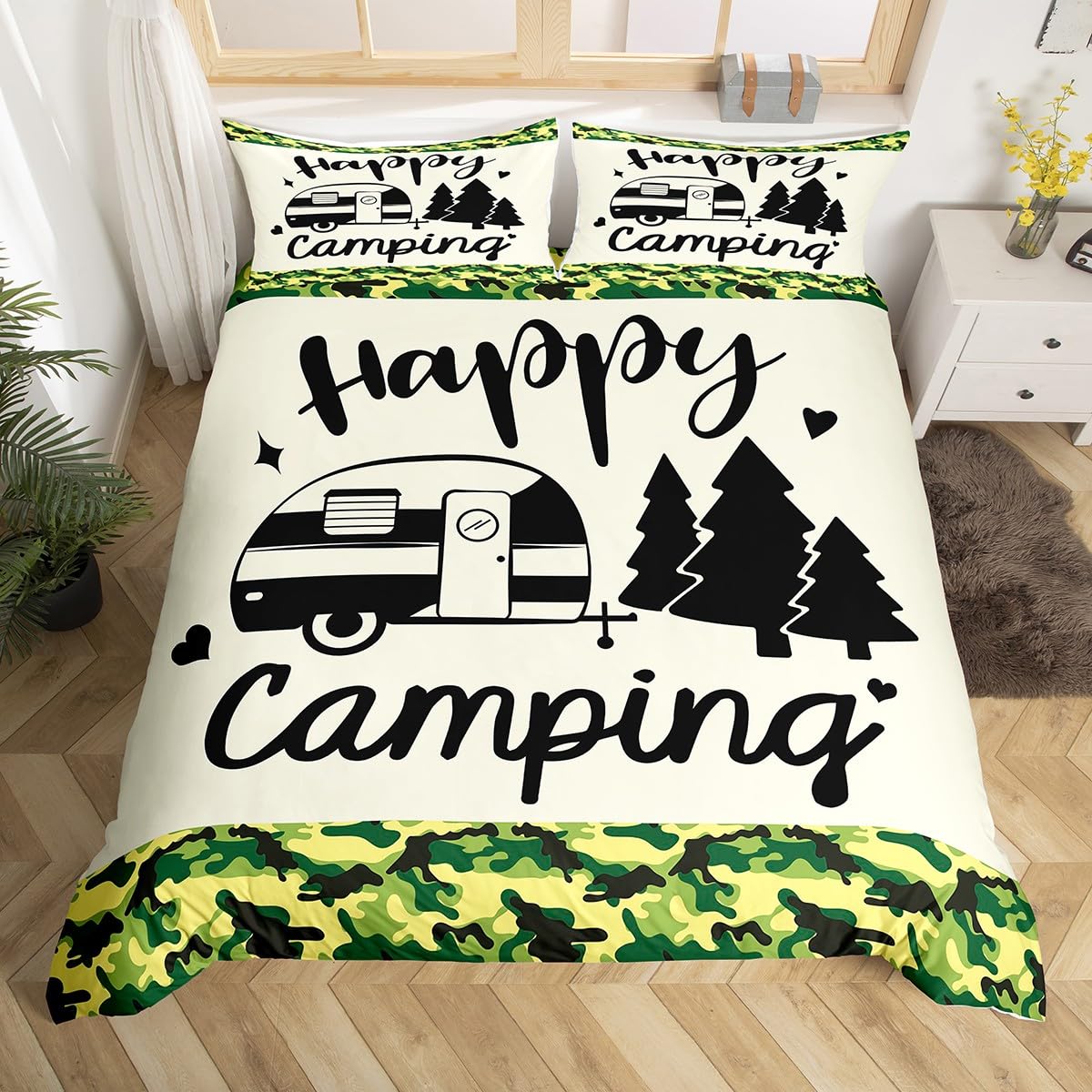 Homemissing Green Camo Camping Duvet Cover Rv Camping Bedding Set Cartoon Camping Car for Kids Boys Girls Comforter Cover Vintage Camping Car Decor Durable Bedclothes Single โ image 1