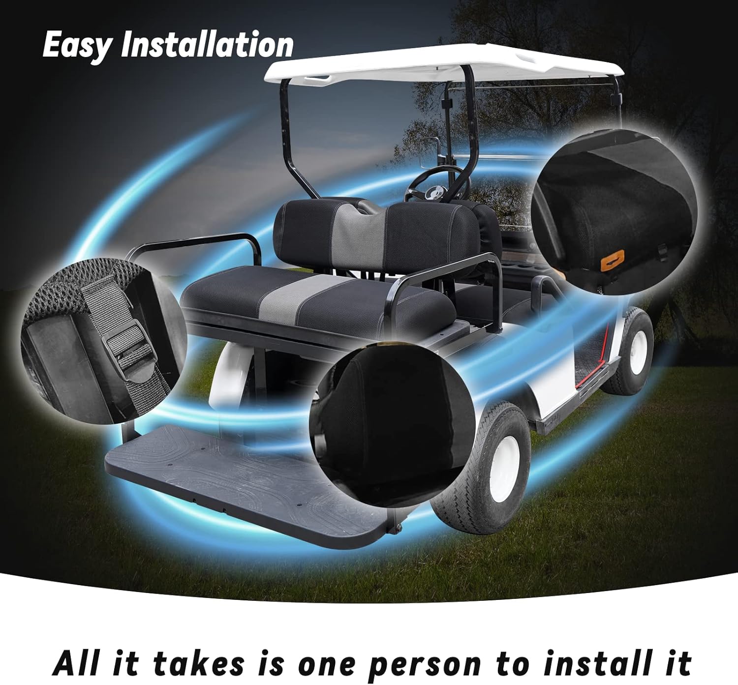 Golf Cart Seat Covers Fit EZGO TXT/Club Car DS/Club Car Precedent/Yamaha Drive/Aftermarket Common Rear Seat Kit, Washable Breathable Air Mesh Cloth Adjustable Seat Cover, Black and Gray
