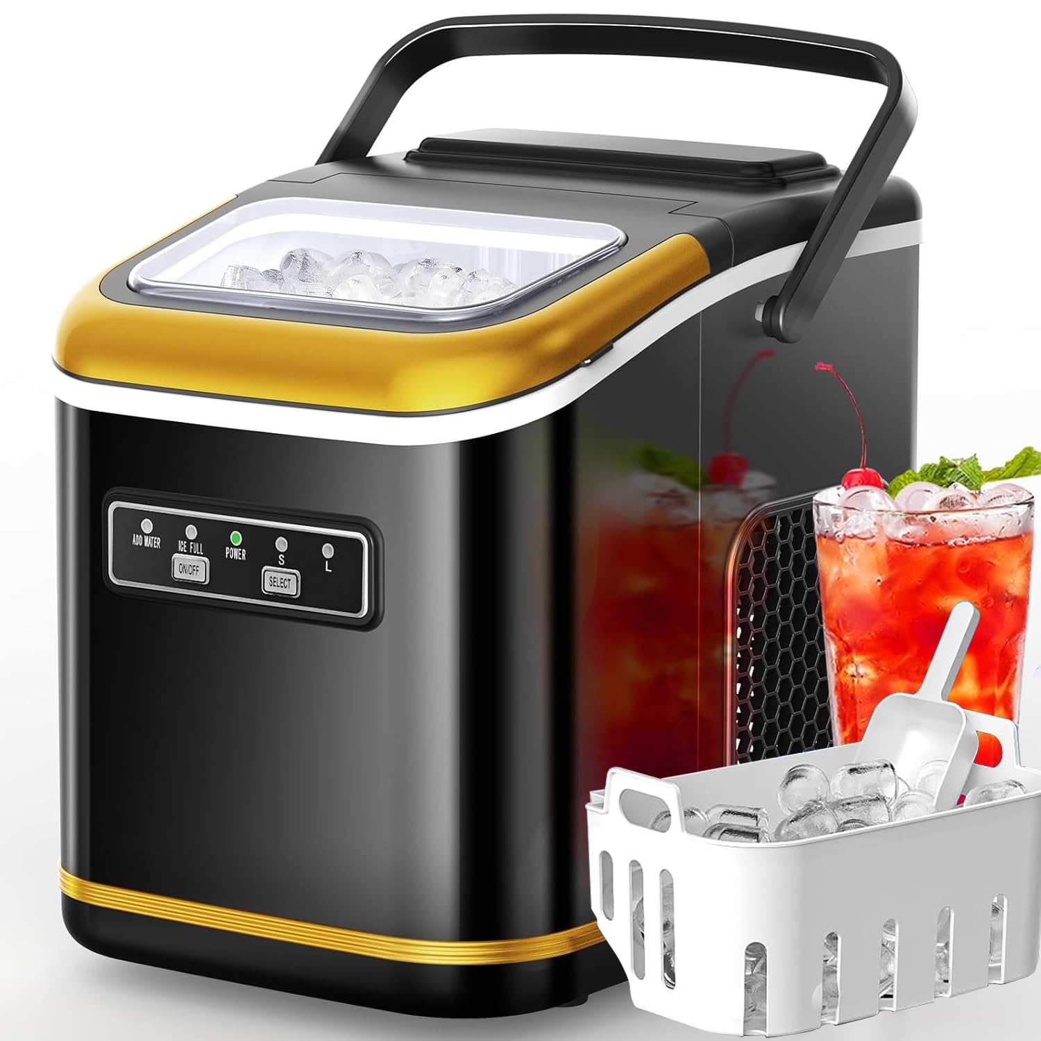 Countertop Ice Maker, 26Lbs/24H, 9Pcs/6Mins, S/L Bullet Ice, Self-Cleaning Portable Ice Machine w/Scoop for Kitchen/Office/Bar/RV,Black