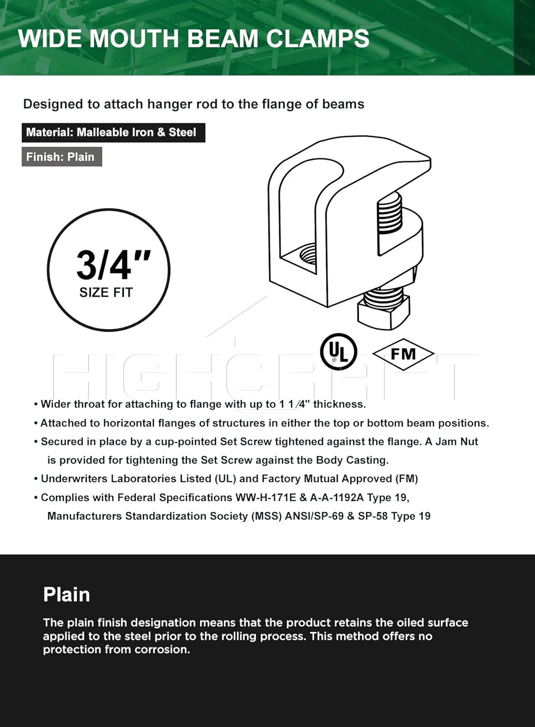 Highcraft DMCX-C34-5 Wide Mouth Beam- Wall Ceiling Mount Vertical Piping Support- Clamp for Copper, Steel, PVC Tubing, 3/4 in., Uncoated Steel (5 Pack)