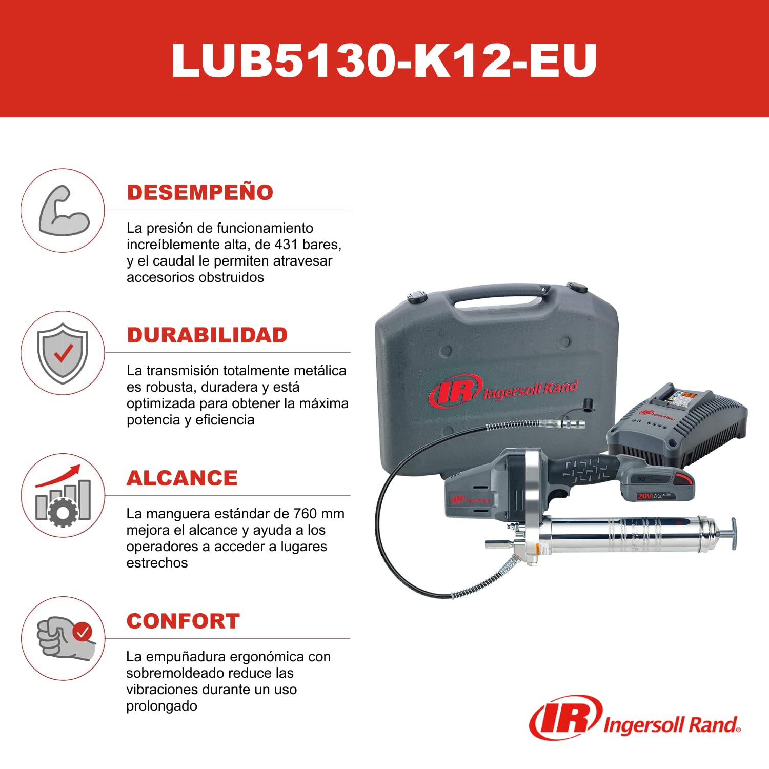 Ingersoll Rand LUB5130-K12-EU Pistola Engrasadora Ligera 20V - Diseño Ergonómico y Engranajes Reforzados - Mayor Durabilidad y Potencia