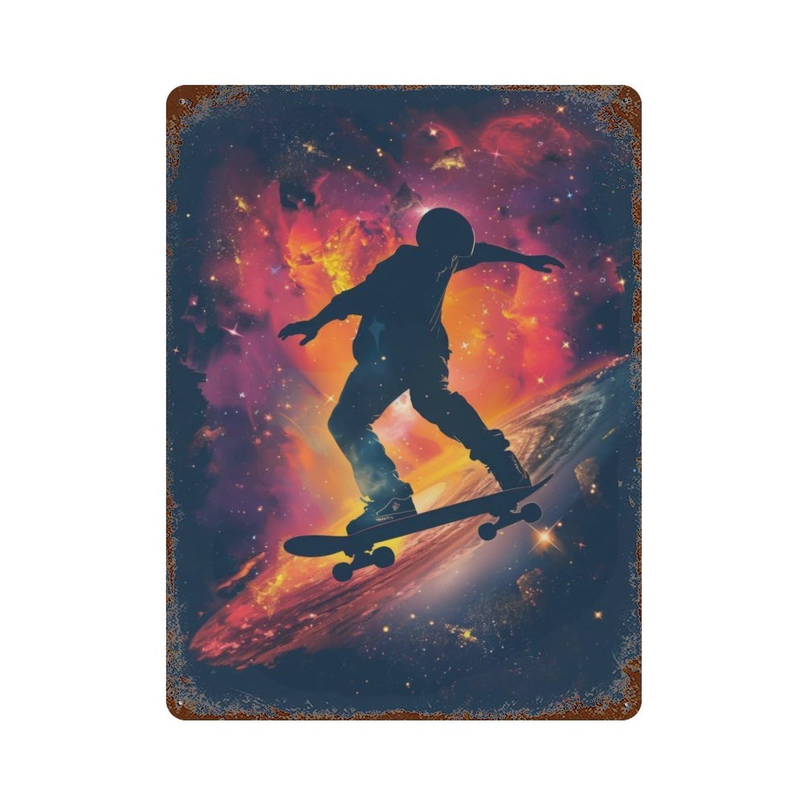 Distressed Metal Wall Sign with Skateboard Galaxy Silhouet Design 15.7"x11.8", for Farmhouse, Kitchen And Entryway Decor, Old School Wall Decor