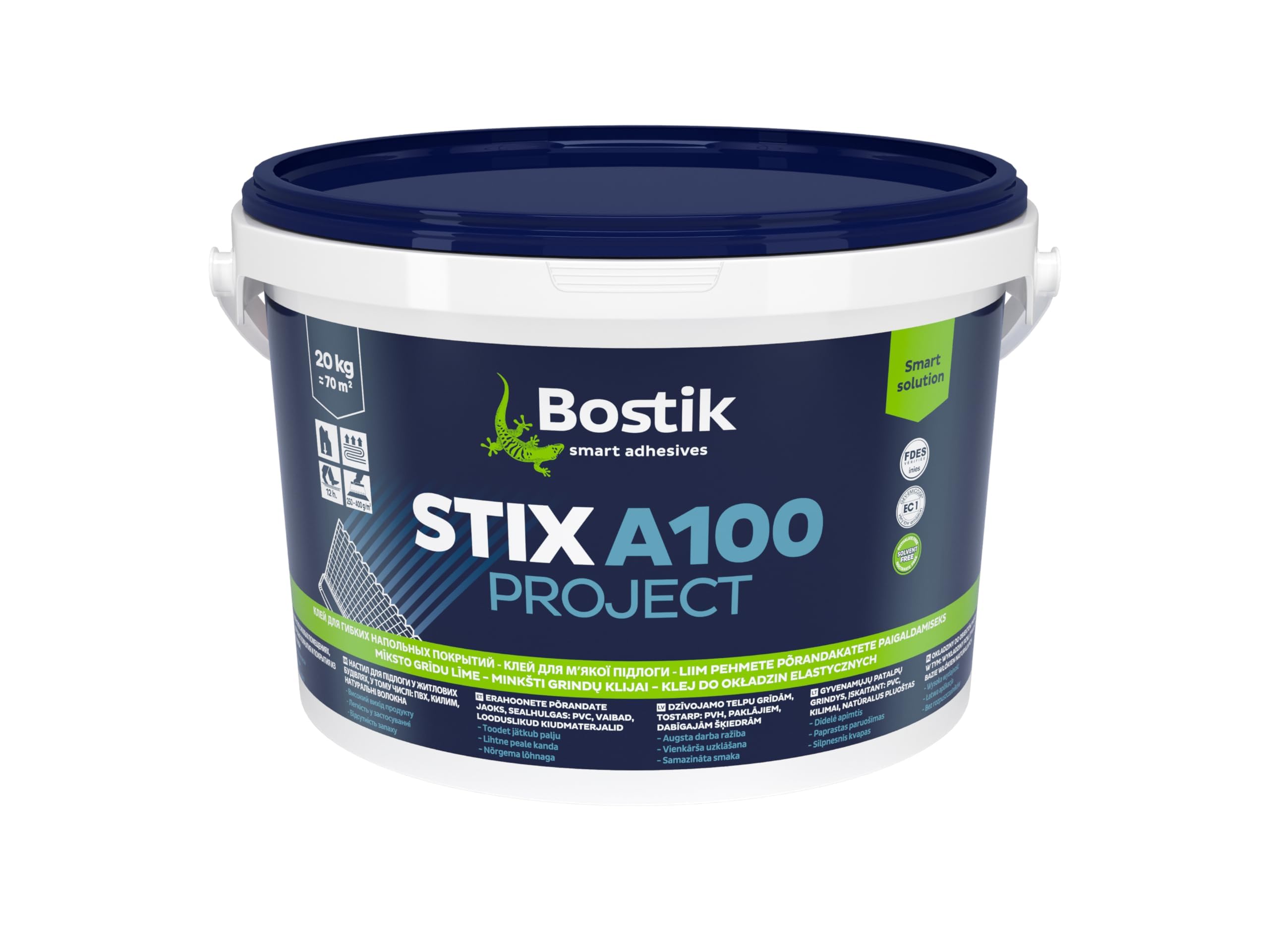 Bostik STIX A100 PROJECT Beige, Cola Acrílica Especial Pavimentos, Fácil de Aplicar, Multimaterial, Elevado Agarre Inicial, Alto Rendimiento, Homologado, Interior, Bote 20 kg