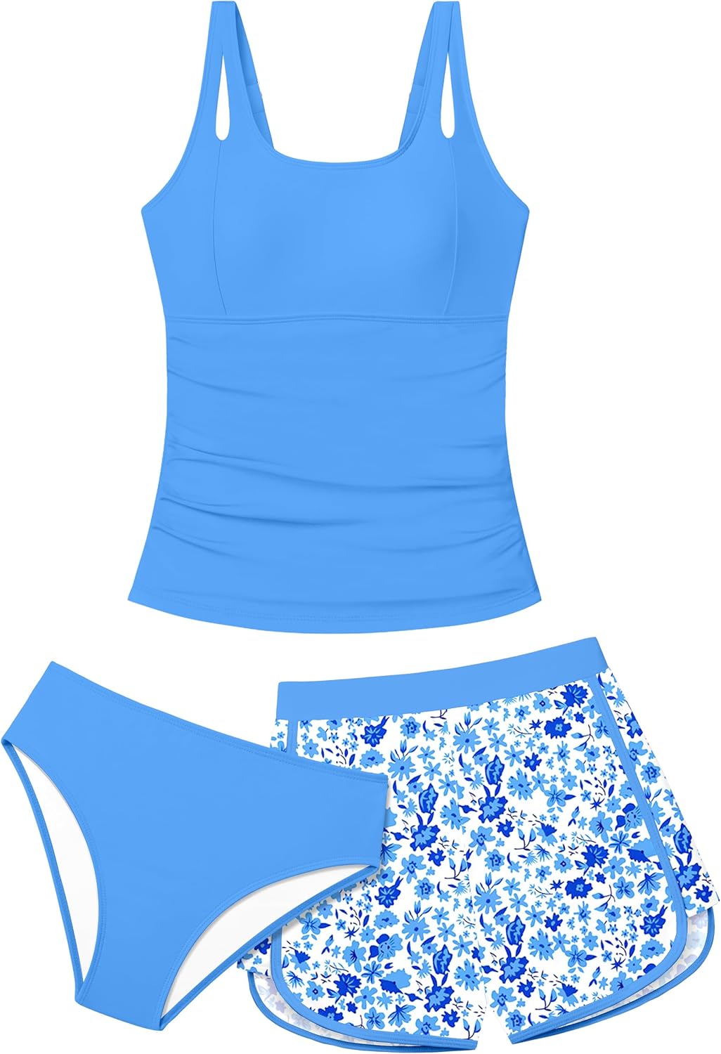 Girls Tankini Swimsuit 3 Piece Bathing Suits for Girl Square Collar Tankinis Set Girls' Swimwear with Print Shorts