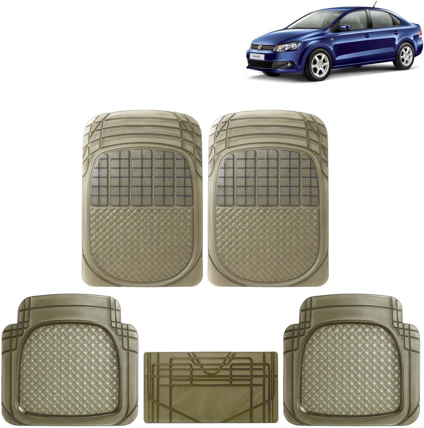 KINGSWAY Accessories Universal PVC Car Floor Mats Set of 5 Compatible with Volkswagen Vento Year 2010 to 2017, Customizable Fit PVC Rubber Mat for Car, All-Weather Protection Durable Foot Mats, Smoke