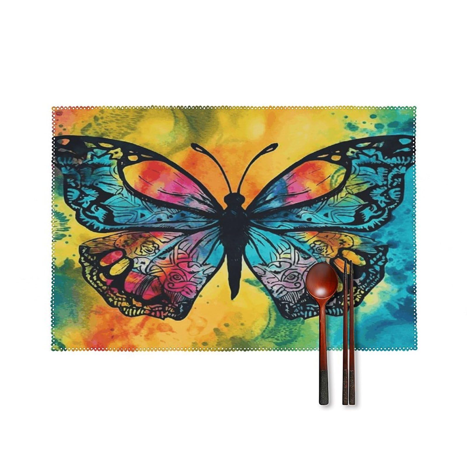 Butterfly Tie Dye Placemats Set of 4 Canvas Washable Cloth Place Mats Wipeable Heat Resistant Table Mats Elegant Cloth Placemat for Kitchen Dinning Party Table Decor 12" X 18"