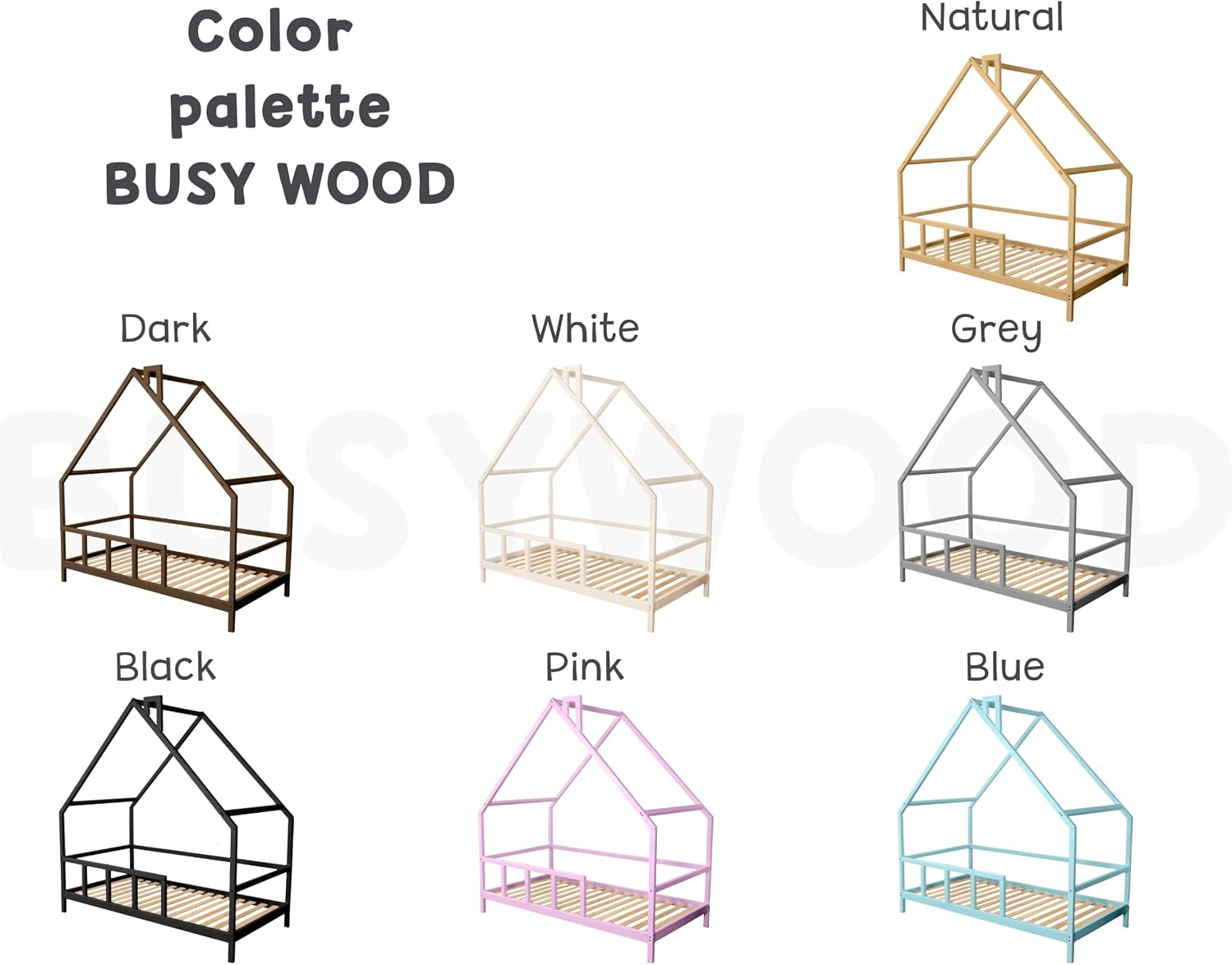 BUSY WOOD Child Toddler Bed with House Roof - Montessori Kidd Bed with Rails - White Bedframe with Legs for Toddlers - Bedframe Twin - Full Size Bed for Kids - Toddler Bed (Model 15)