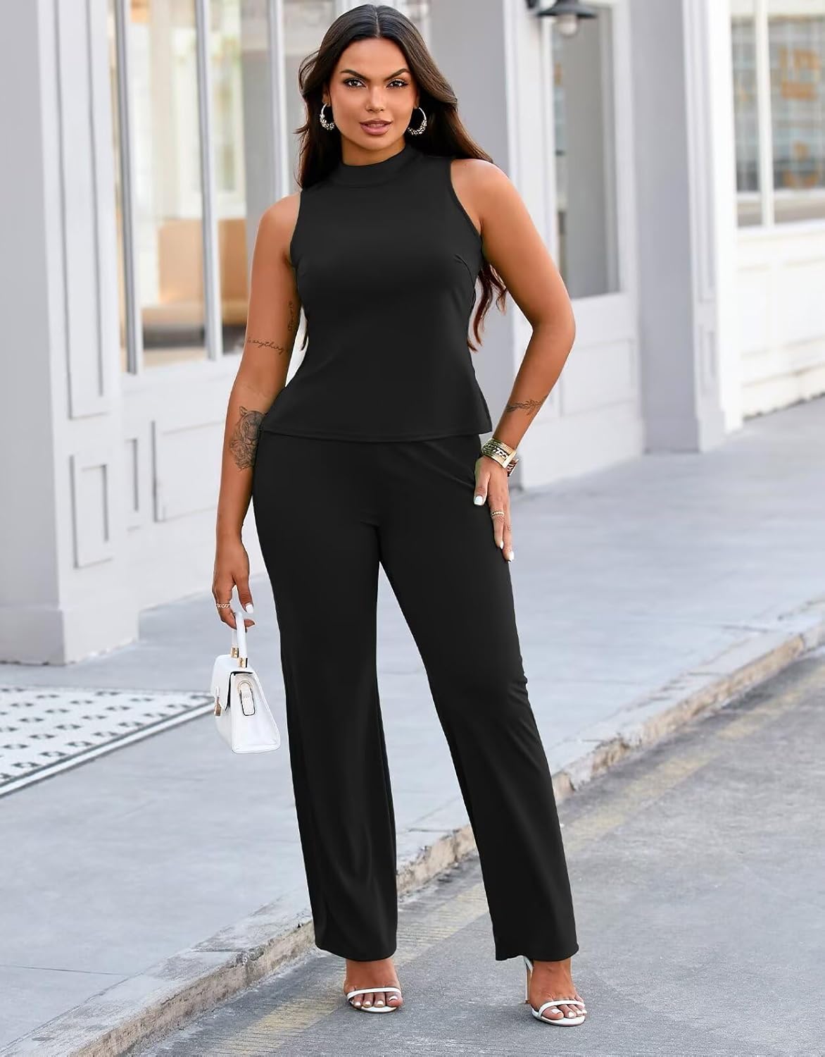 acelyn Elegant Women's 2 Piece Outfits Sleeveless Slit Mock Neck Top Wide Leg Pant Suits Set Work Business Pantsuit Black