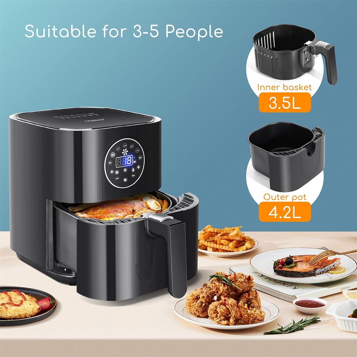 Aigostar Air Fryer showing inner basket capacity of 3.5L and outer pot capacity of 4.2L, suitable for 3-5 people