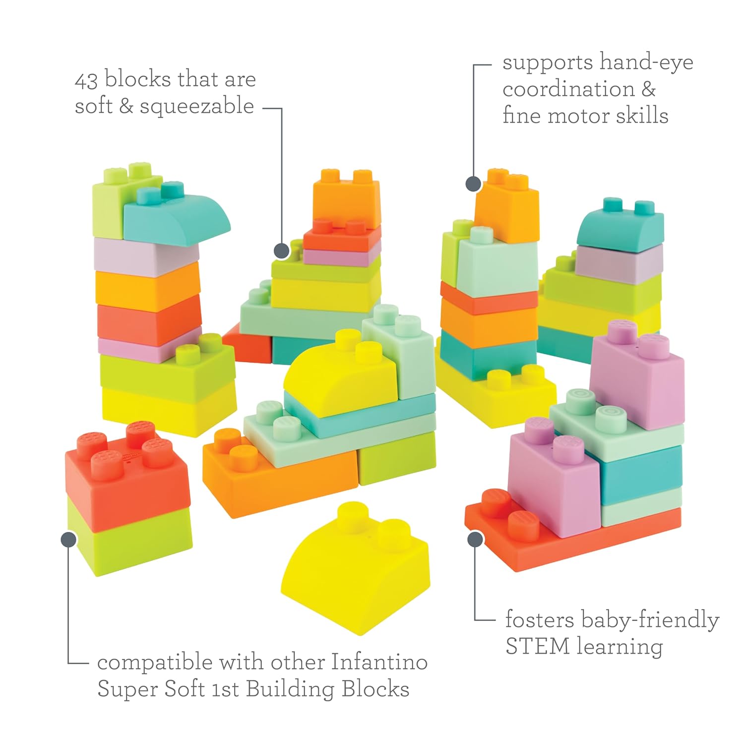 Infantino Super Soft 1st Building Blocks Jumbo Playset – Soft Blocks for Babies and Toddlers, Perfect for Stacking, Squishing, and Imaginative Play, 43-Piece Set