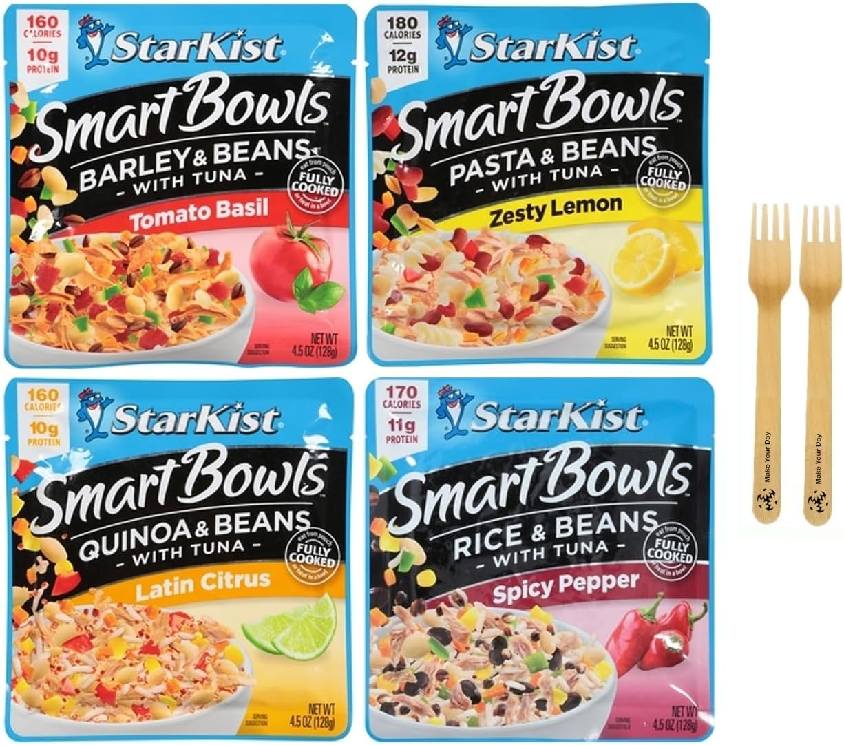 Starkist Tuna Bowls, Fully Cooked, Bundle with Tomato Basil Barley & Beans, Zesty Lemon Quinoa & Beans, Spicy Pepper Rice & Beans, and Latin Citus Herb Quinoa & Beans, 4.5 Ounce (Pack of 4) - Bundled with Make Your Day Sporks
