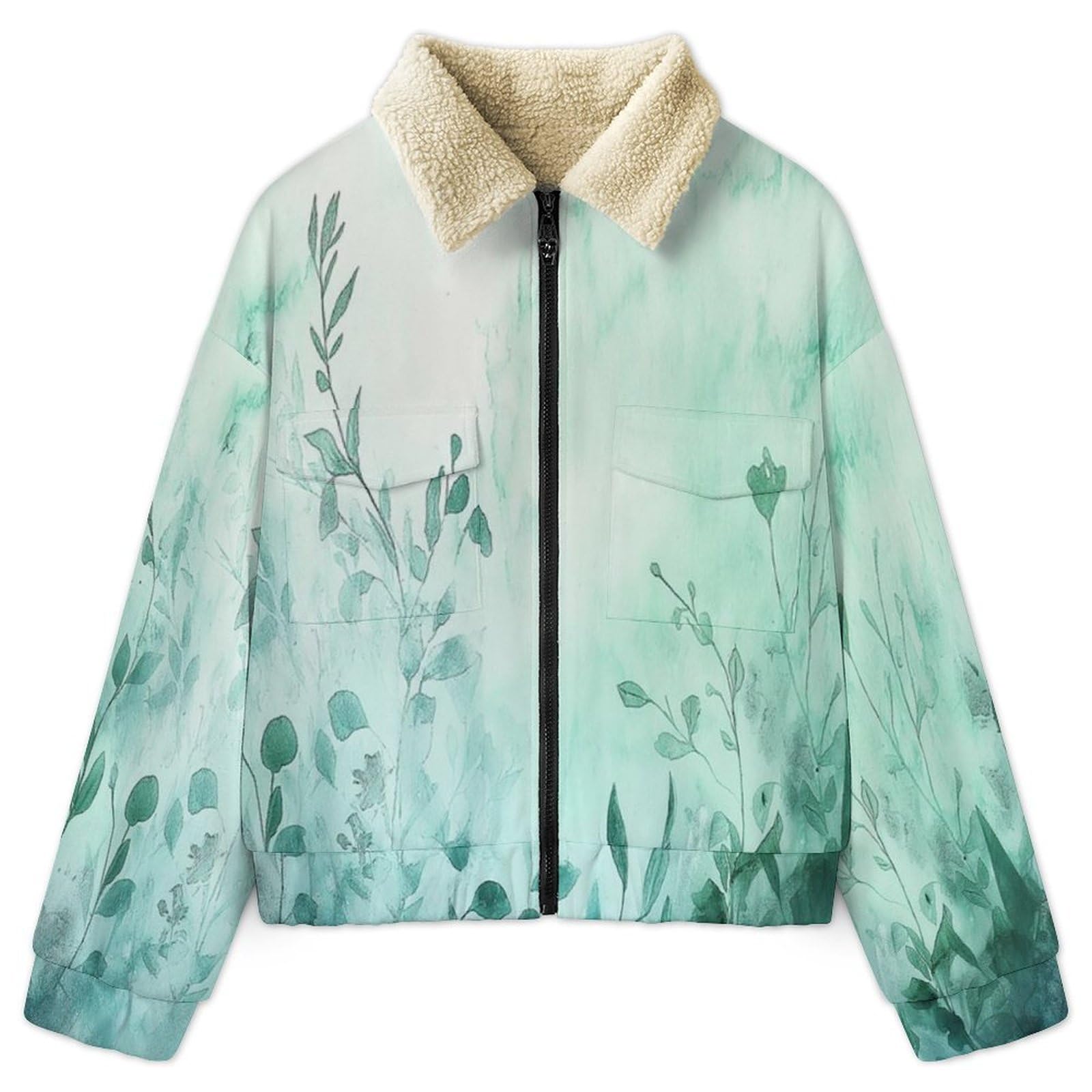 Donna Pile Stampa Boemia Caldo con Cerniera, Giacca da Camera Invernale Corta Pile Giacche, Piante fiori selvatici Cappotto In Peluche Sherpa Giubbotto Fleece Comoda