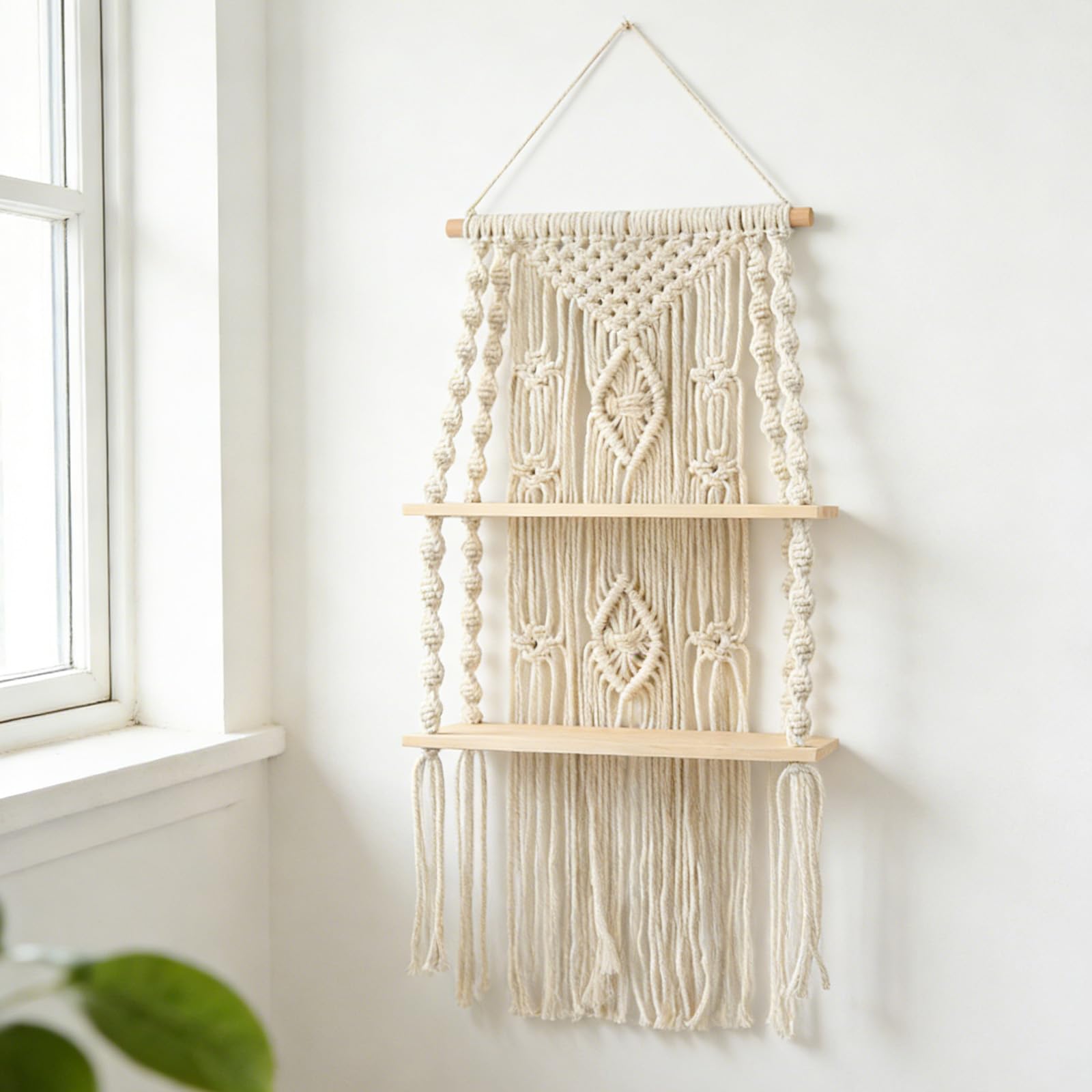 aupawdy AupawdyWandregal Holz Hängeregal, Boho Wanddeko Handgewebte Wandteppichregal, Geeignet für Schlafzimmer, Wohnzimmer – Decoratives Aufbewahrungsregal für Pflanzen, Bücher, Kleinartikel.