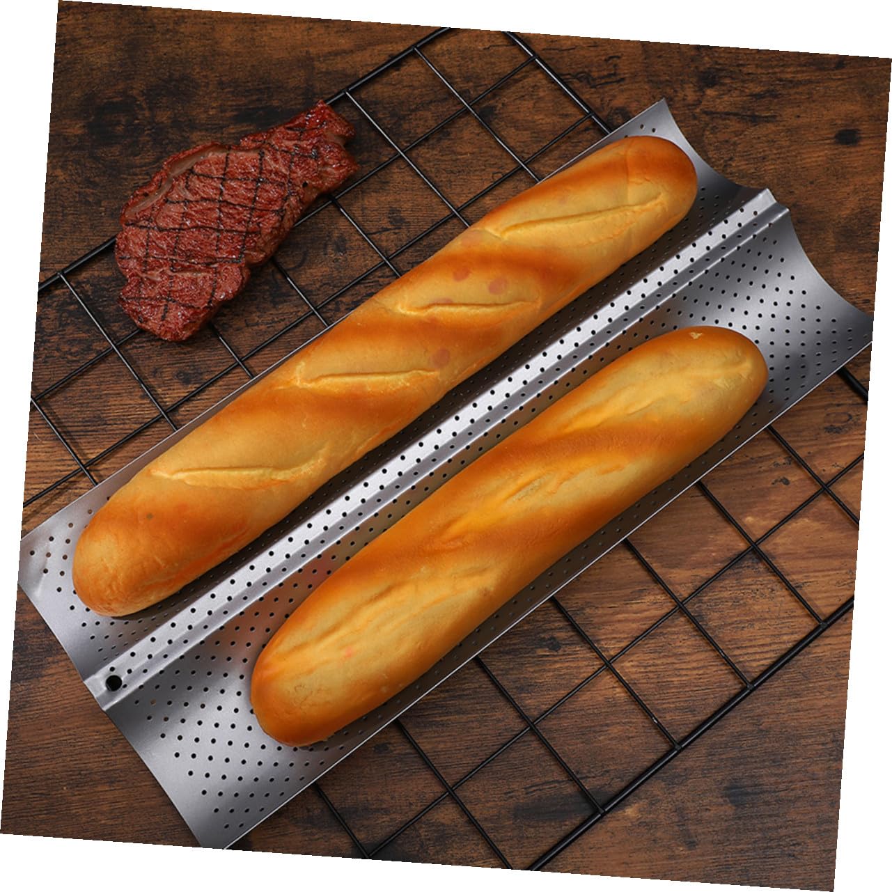 Molde para Hornear Pan Francés Perforado de Acero Inoxidable, 2 Piezas | Superficie Lisa Antiadherente, Color Plata, Uso en Cocina y Pastelería