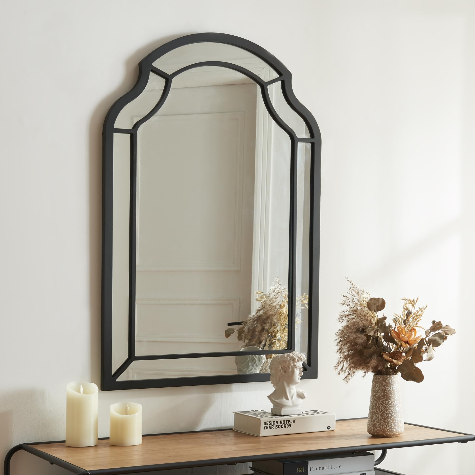 [en.casa] Espejo de Pared en Forma de Ventana Islámica Elegante Espejo Baño Salón Decoración Mural con Ganchos de Suspensión Sin Distorsiones Marco MDF 90x60 cm - Negro