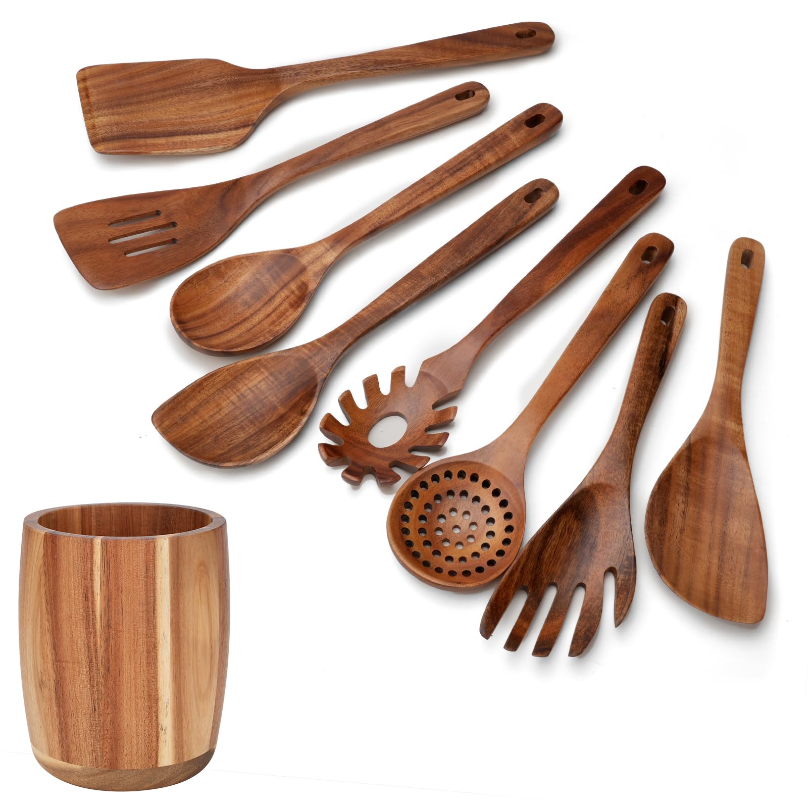 Juego de 9 utensilios de cocina, cucharas de madera para cocinar, utensilios de madera de teca natural, incluye cucharas de madera, juego de espátulas, cuchara ranurada, juego de cucharas de
