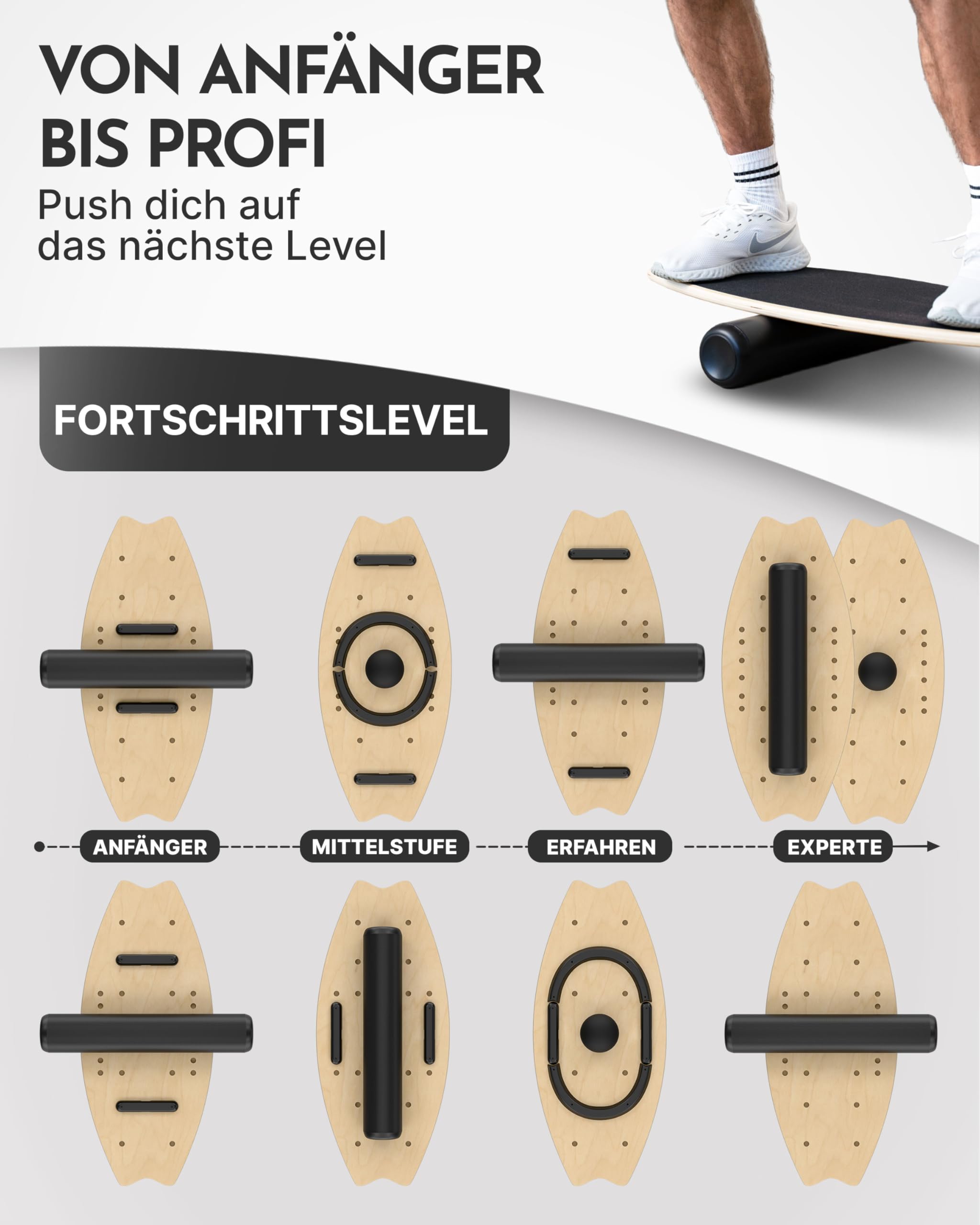 NEOLYMP Balance Board Holz – Gleichgewichtstrainer für Erwachsene & Kinder – rutschfest & bis 210 kg belastbar – 7 Schwierigkeitsstufen – Magnetisch einstellbar