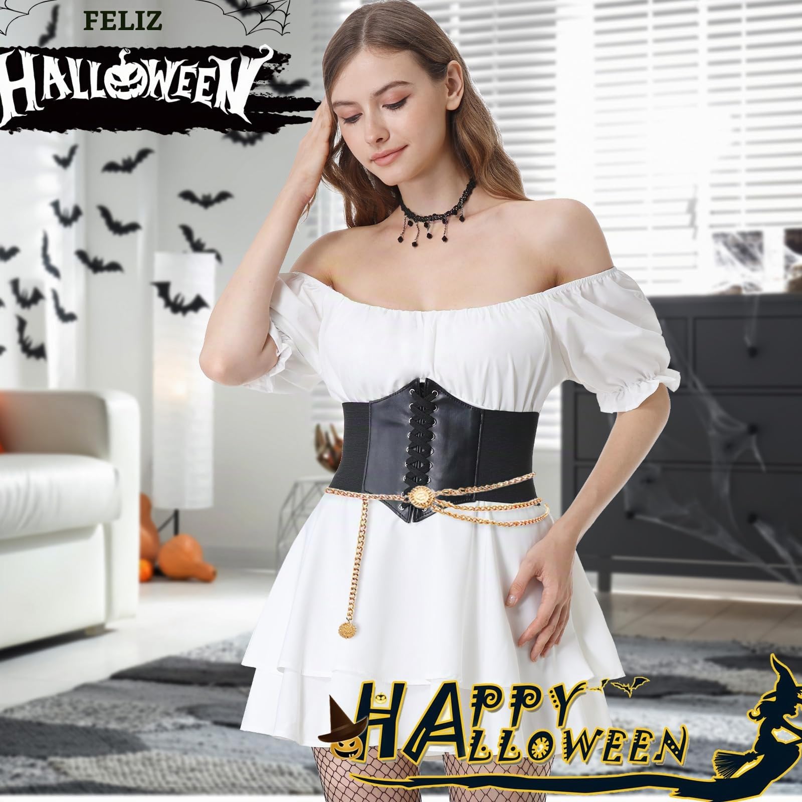 Joellfuner Vestido de Pirata, Costume Victoriano Renacentista Medievales, Disfraz Pirata Mujer con Cinturones, Cadenas de Cintura, Collares y Medias para Carnaval Halloween (Manga corta, S)