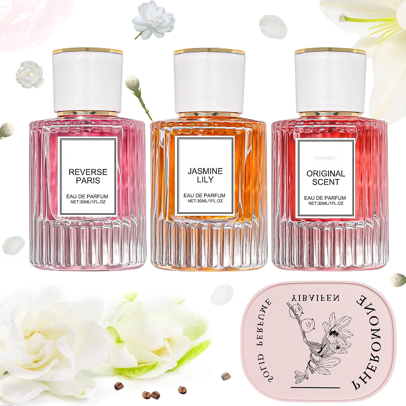 Pheromone Perfume for Women 3 Pieces Pure Instinct Pheromone Perfume Pheromone Perfume for Men Suitable for Carry on Three Scents Jasmine Lily Peony Plus a Balm Appeals to Men and Women