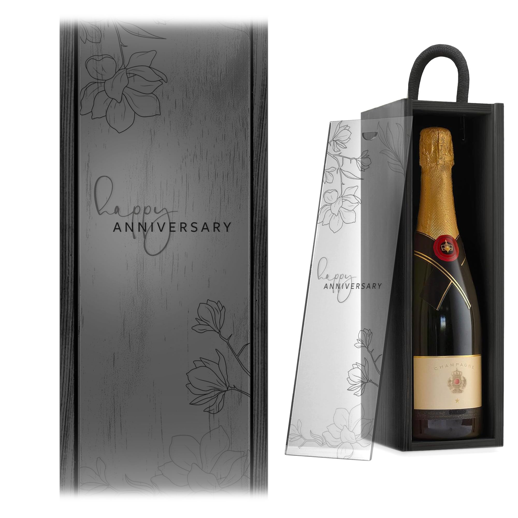 A1 Graphics Ltd Black Box W/Clear Lid Personalised Wine Box Custom Printed Happy Anniversary Wedding Anniversary Celebration Gift ()