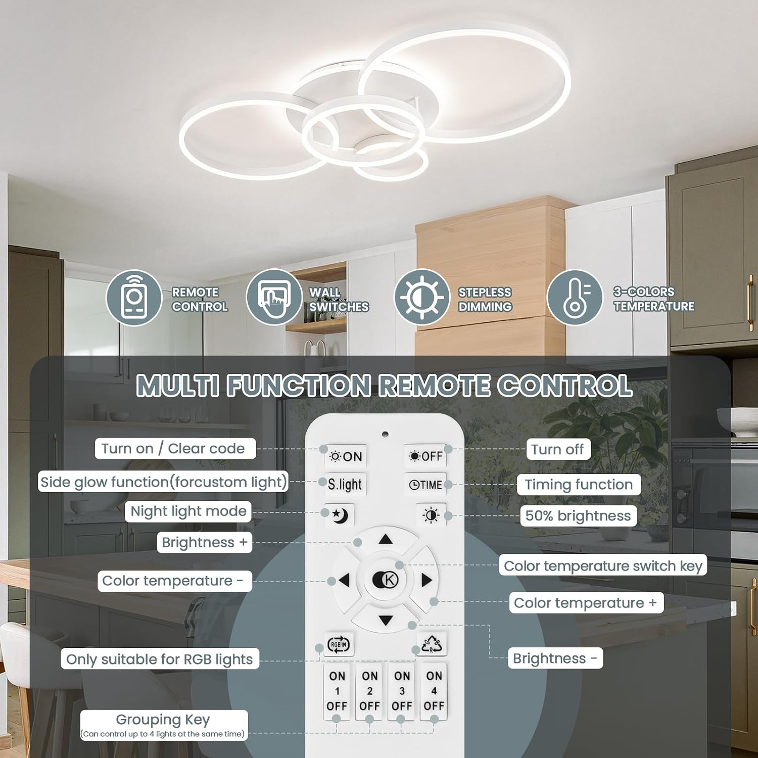 Modern LED Ceiling Light White Flush Mount Ceiling Light Dimmable Dining Room Light Fixtures with Remote 5 Rings Acrylic Kitchen Lighting Fixtures Ceiling Lamp for Living Room Bedroom (White, 5 Rings)