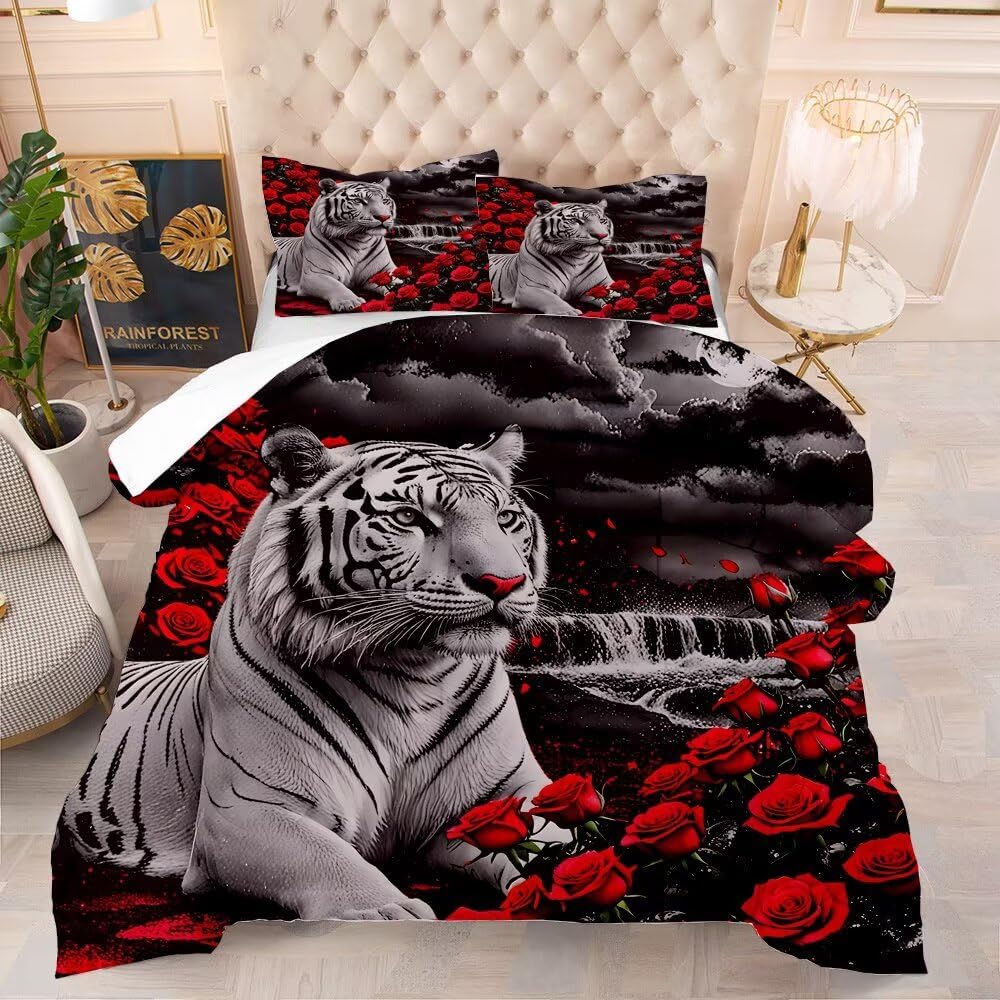Kids Tiger Comforter Set King Size, White Tiger Wild Animal 3 Pcs Bedding for Kids and Adults Beautiful 3D Red Rose Flower and Tigers Print Soft Comforter Set for Bedroom Bed Decor