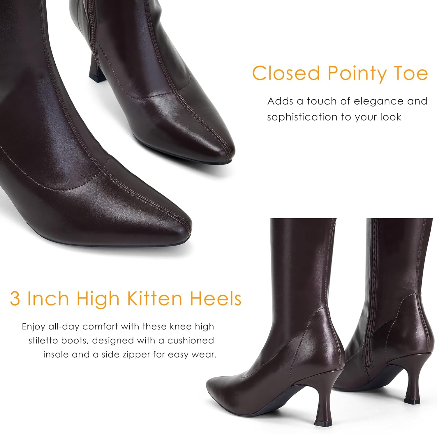 GENSHUO Knee High Boots Women Pointed Toe 3 Inches High Kitten Heel Tall Boots Classic Fashionable Calf Long Boots with Side Zipper Winter