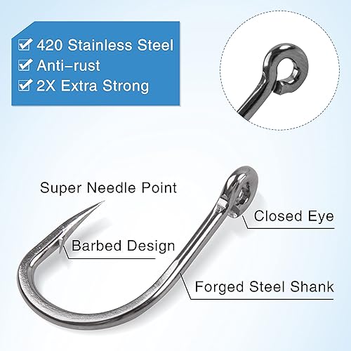 Miniatura 5 de Gancho de cebo vivo para agua salada, 30 ganchos para cebo de bagre, 2 ganchos fuertes para cebo de agua salada 10-120