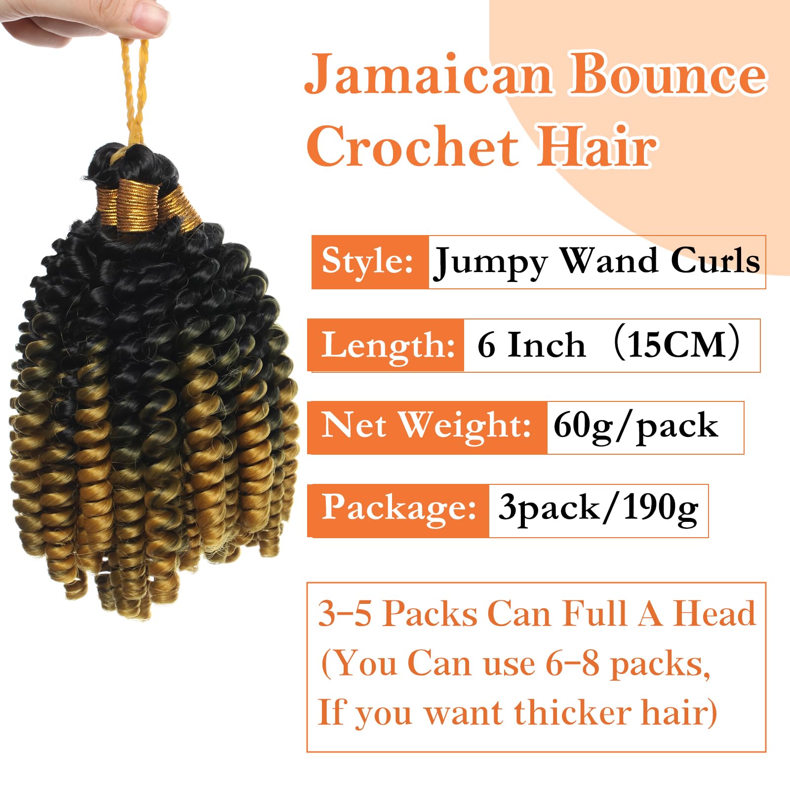 S-noilite Jamaican Bounce Crochet Hair 6 inch,Jumpy Wand Curls Short Pre Looped Curly Crochet Braids Hair-Extension Synthetic for Black Women,3 pack 180g,Black to Golden - Image 2