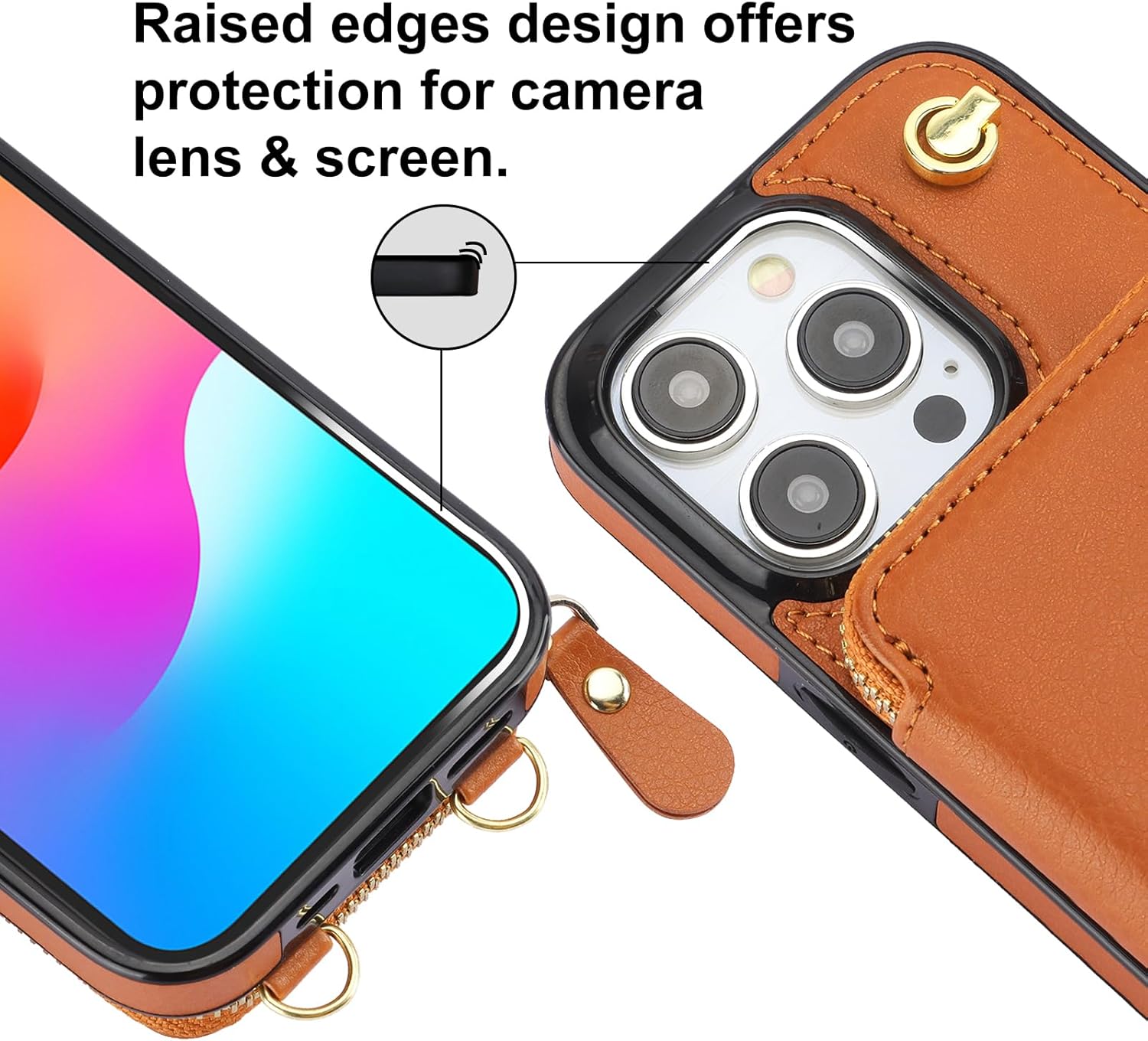 Bocasal Crossbody Wallet Case for iPhone 15 Pro, RFID Blocking Leather Purse Case with Card Holder, Protective Handbag Flip Cover with Zipper Wrist Strap Lanyard for Women 5G 6.1 Inch (Brown)
