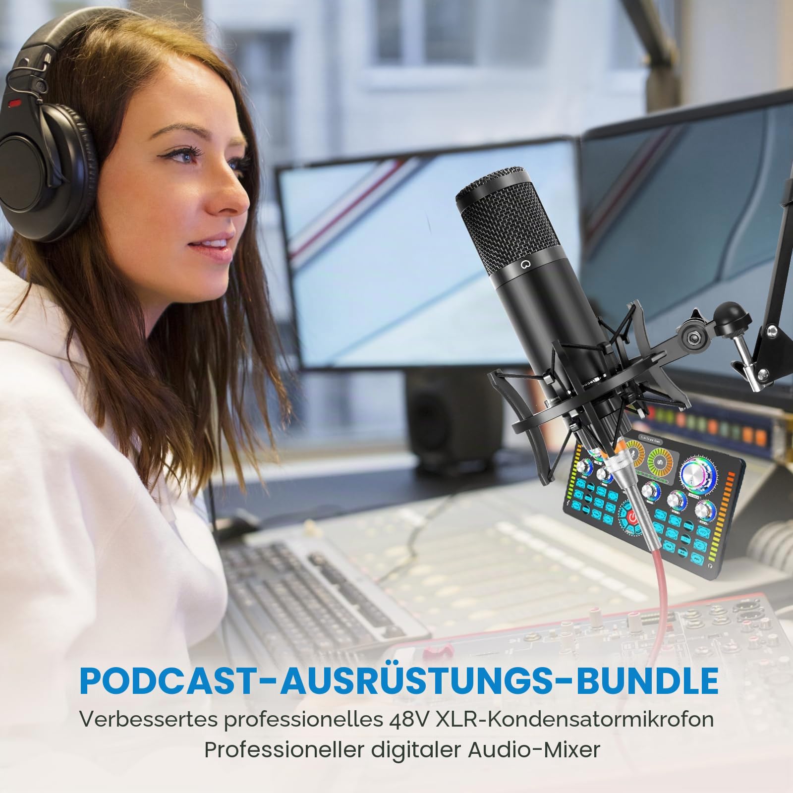 Podcast-Ausrüstungs-Bundle, Audio-Schnittstelle und XLR-Kondensator-Mikrofon, Studio-Ausrüstung mit 48V Phantomspeisung, Bluetooth für Podcast, Streaming, Voice Over, Singen, PC