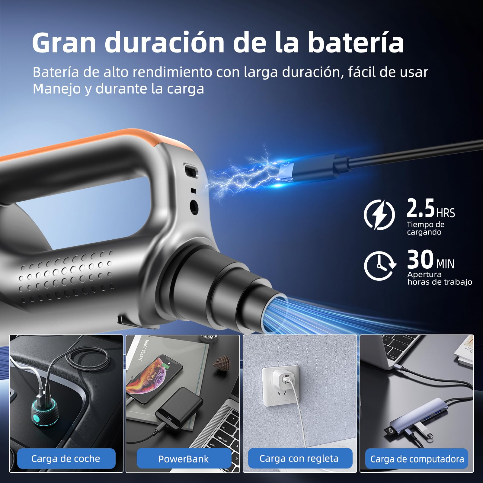 Aspirador de Mano, 26000Pa 4-in-1 Aspirador Sin Cable Potente, Descarga de Polvo con un Solo Toque, Motor Sin Escobillas,Pantalla HD e Iluminación LED,Aspirador Coche para Hogar/Oficina/Coche, Naranja