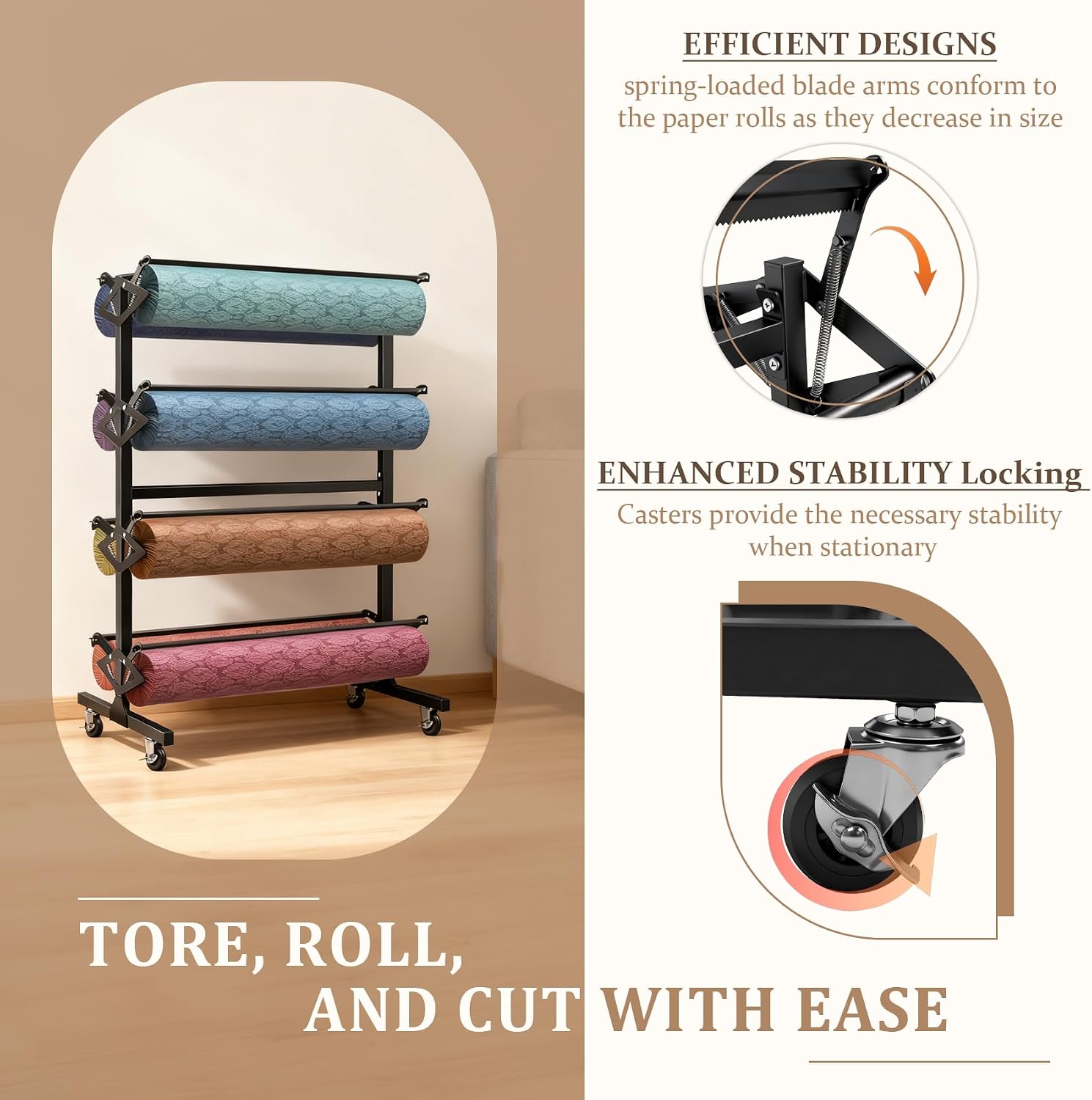 Large Paper Roll Dispenser, Dispenser Rack and Cutter, for 36” Craft, Butcher & Gift Wrap Paper Organizer, 8 Racks for Large, with Locking Casters & Ceramic Blade for Classroom, Studio, Retail