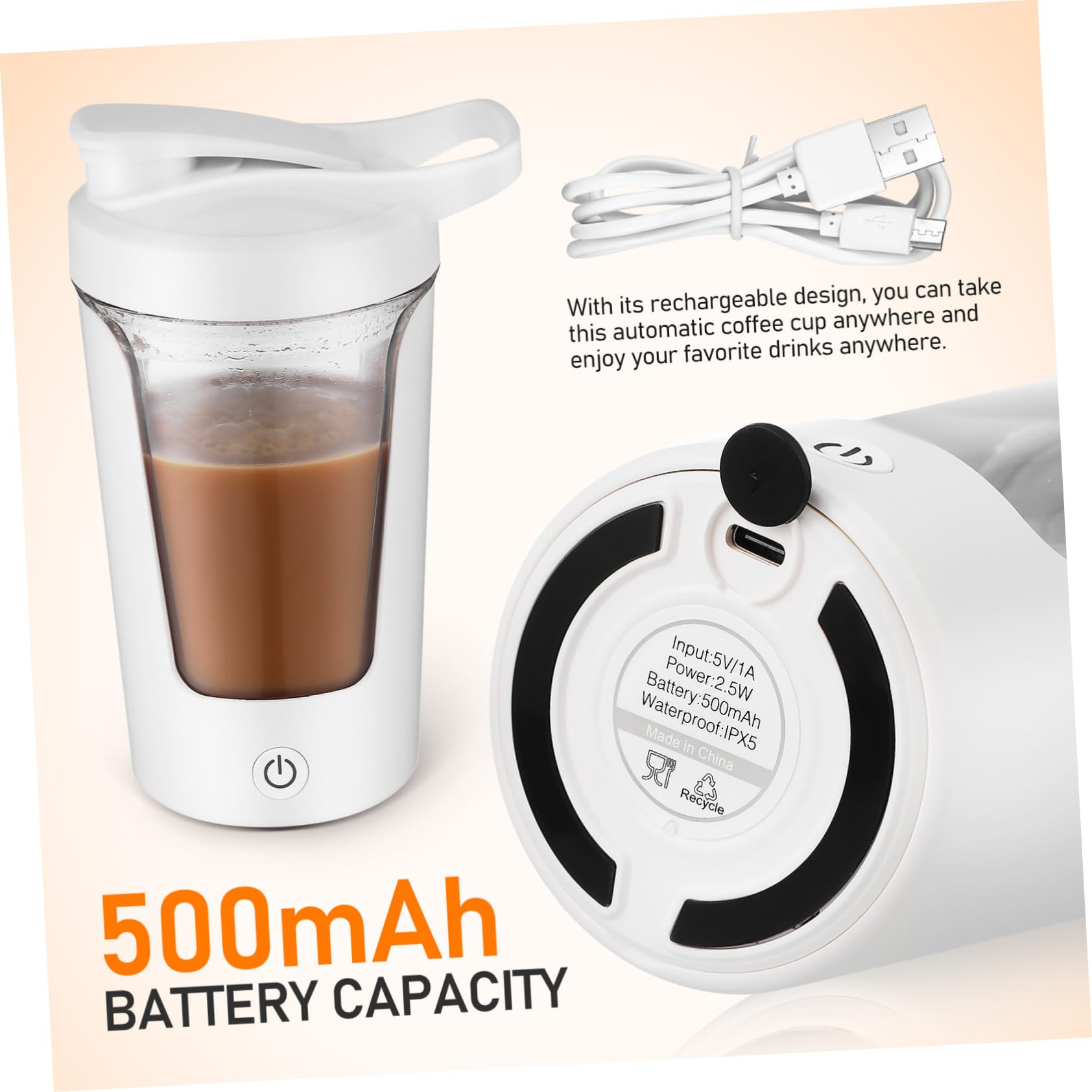 Bouteille Shaker Électrique Rechargeable PP et Abs Tasse à Café Automatique pour Protéines Mélangeur Portable à Agitation Homogène pour Boissons Protéinées et Soja