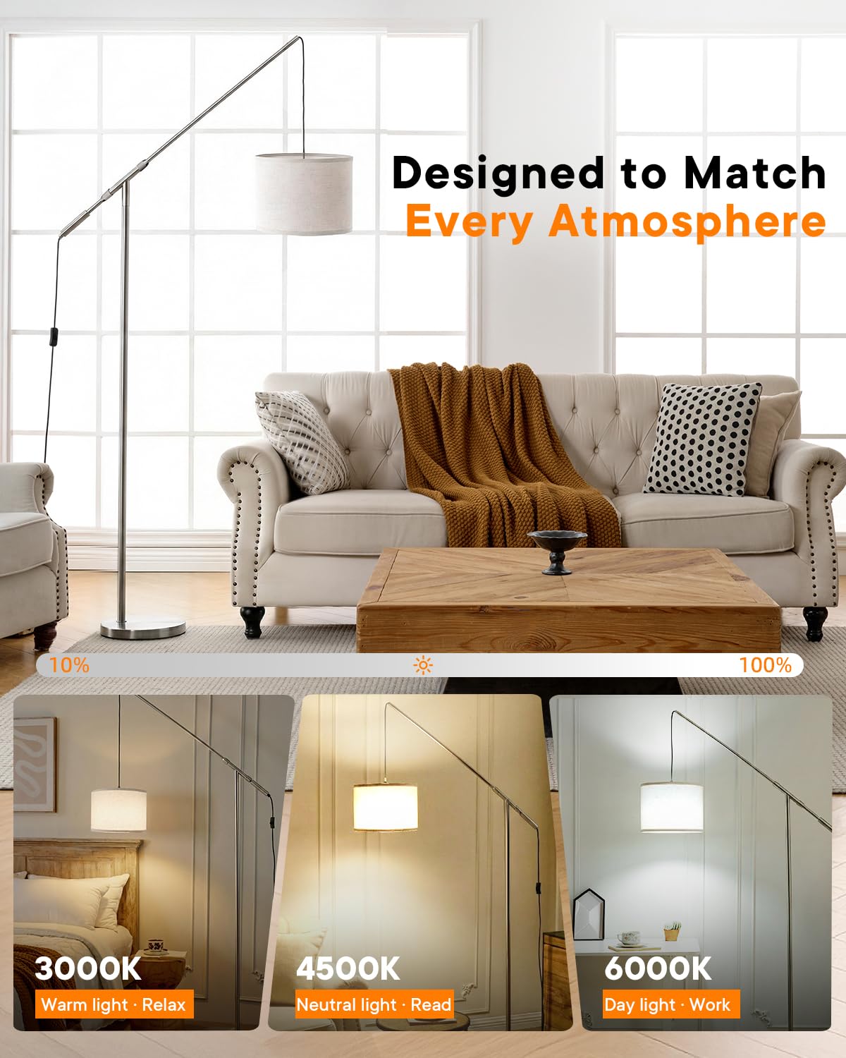 Stehlampe Wohnzimmer Dimmbar Bogenlampe, LED Lampe mit Fernbedienung, 201cm höhenverstellbare Floor Lamp, Helligkeit & Farbtemperatur dimmbar, E27-Leuchtmittel inklusive, Lamps for Living Room