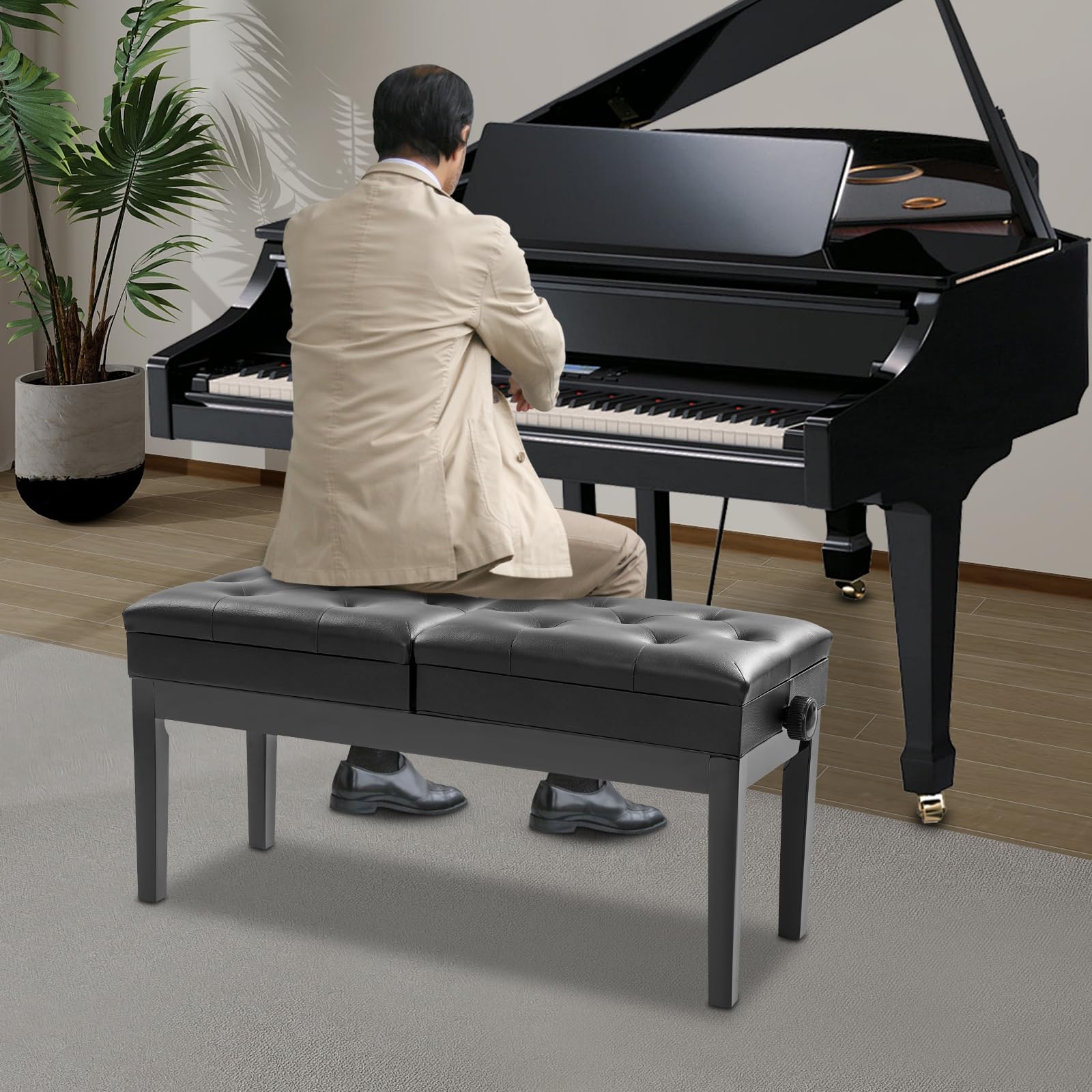 Taburete de piano regulable en altura para 2 personas, capacidad de carga de 200 kg, banco para piano con espacio de almacenamiento y cojín de piel sintética, ideal para casa, conciertos y