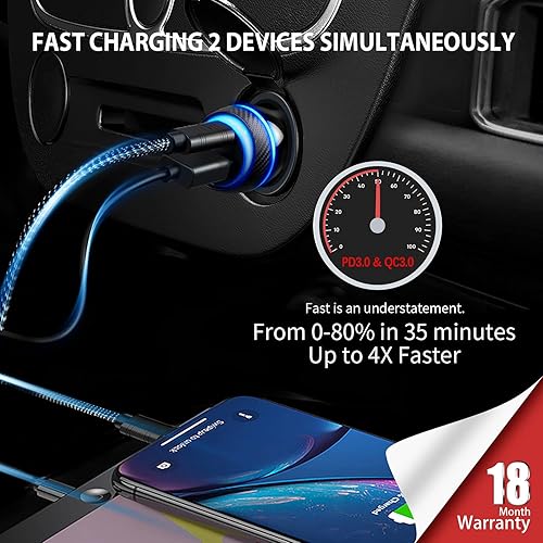Miniatura 10 de 2-Pack USB C Fast Car Charger Adapter,48W Type C Car Fast Charger PD30W&QC18W Dual Ports Cigarette Lighter Charger Compatible wiPhone 14 13 12 Pro