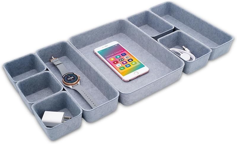 Organizador minimalista de cajones de escritorio de fieltro de 8 piezas Contenedores gris glaciar