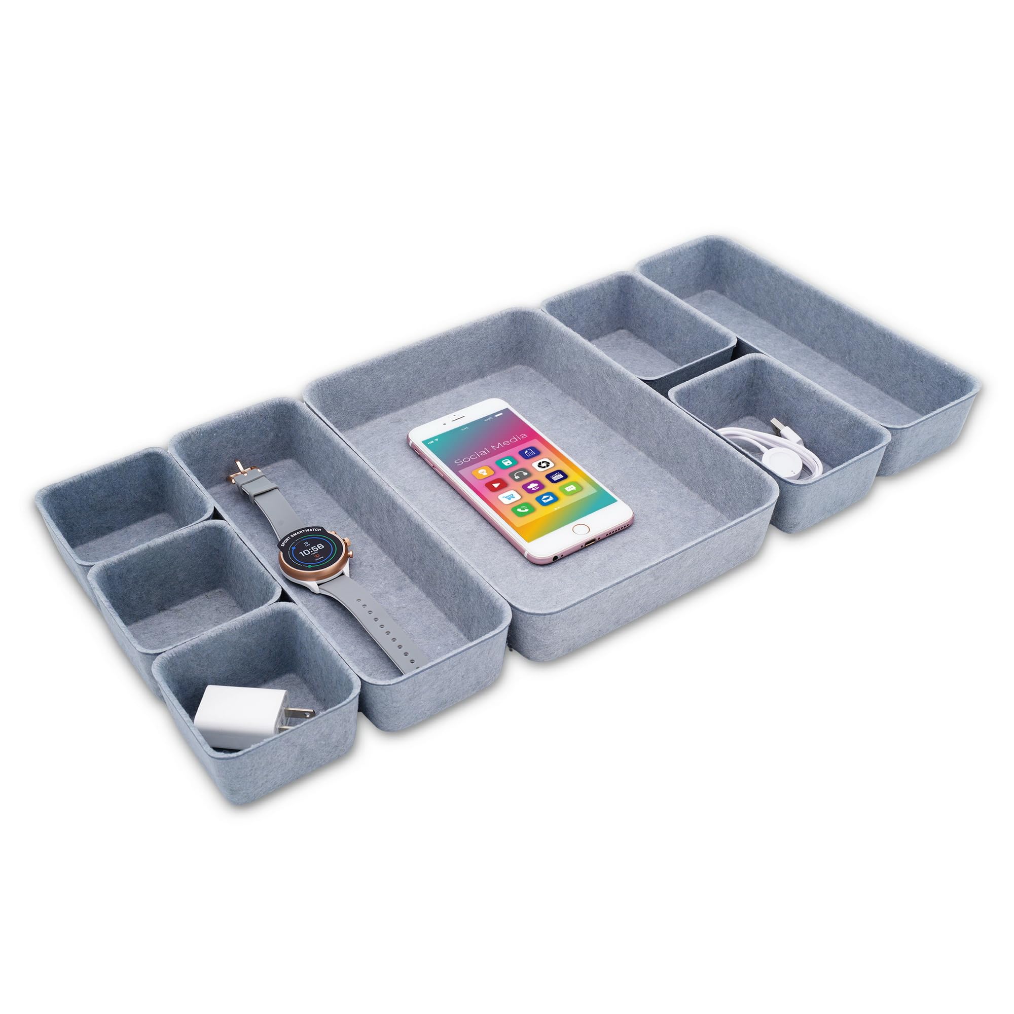 Welaxy Minimalist 8pc Felt Desk Drawer Organizer Glacier Gray Bins